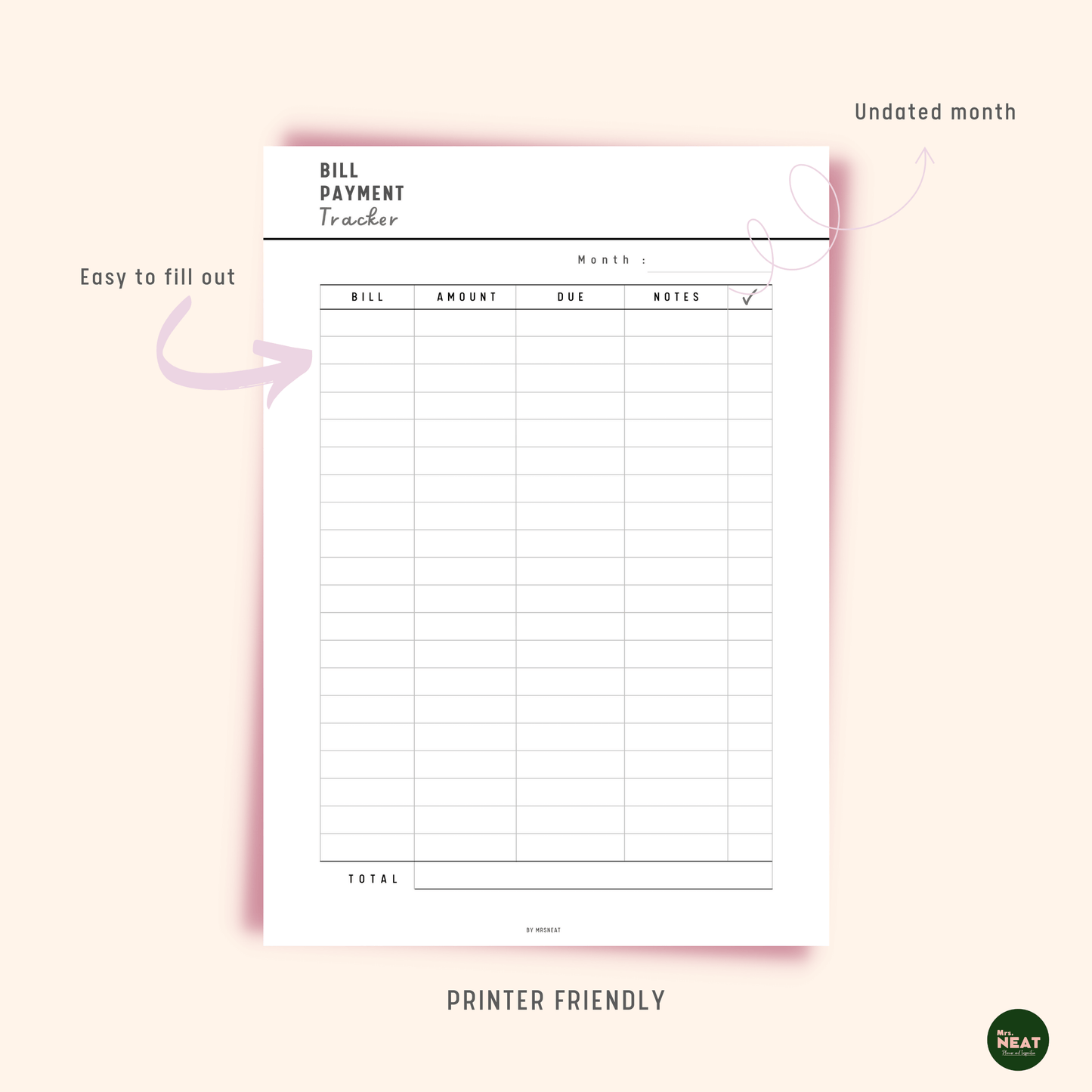 Bill Payment Tracker in Clean Neutral Color with room for bill, amount, due date, notes and checklist column