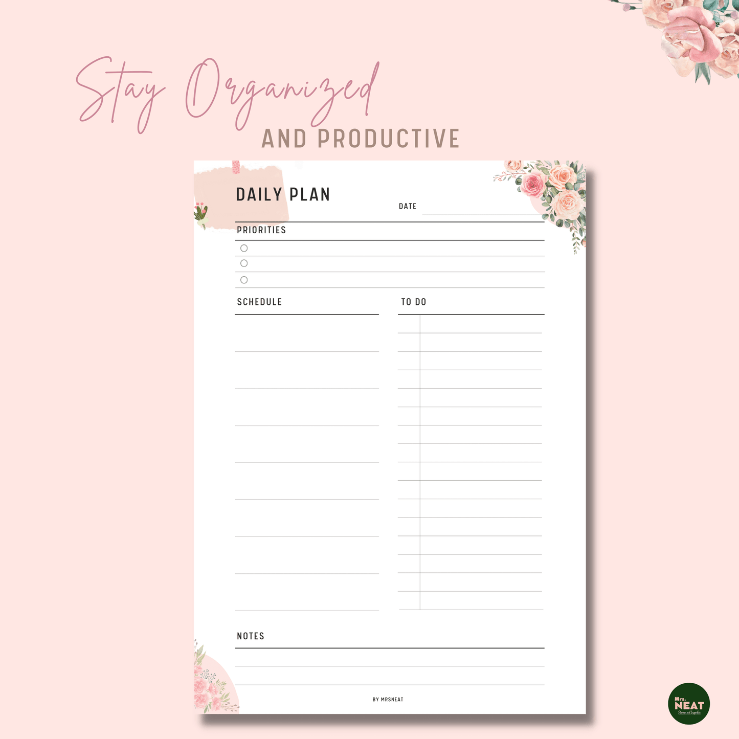 Floral Minimalist Daily Planner Printable with room for Priorities, Schedule, To Do List and Notes