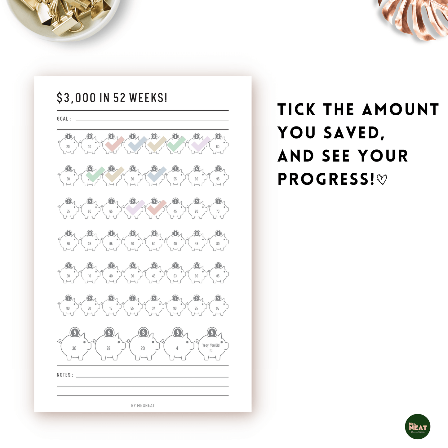 Tracking progress of money saving challenge that saved $3000 in 52 weeks