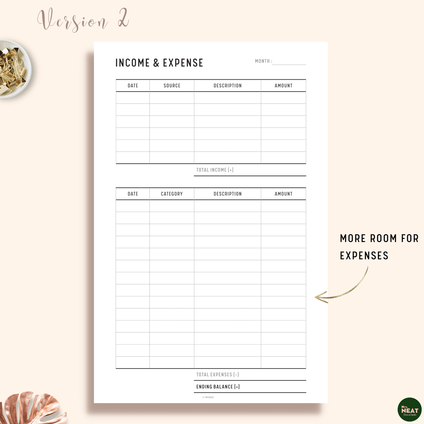 Income and Expense Tracker Planner in one page with room for income, expense and ending balance