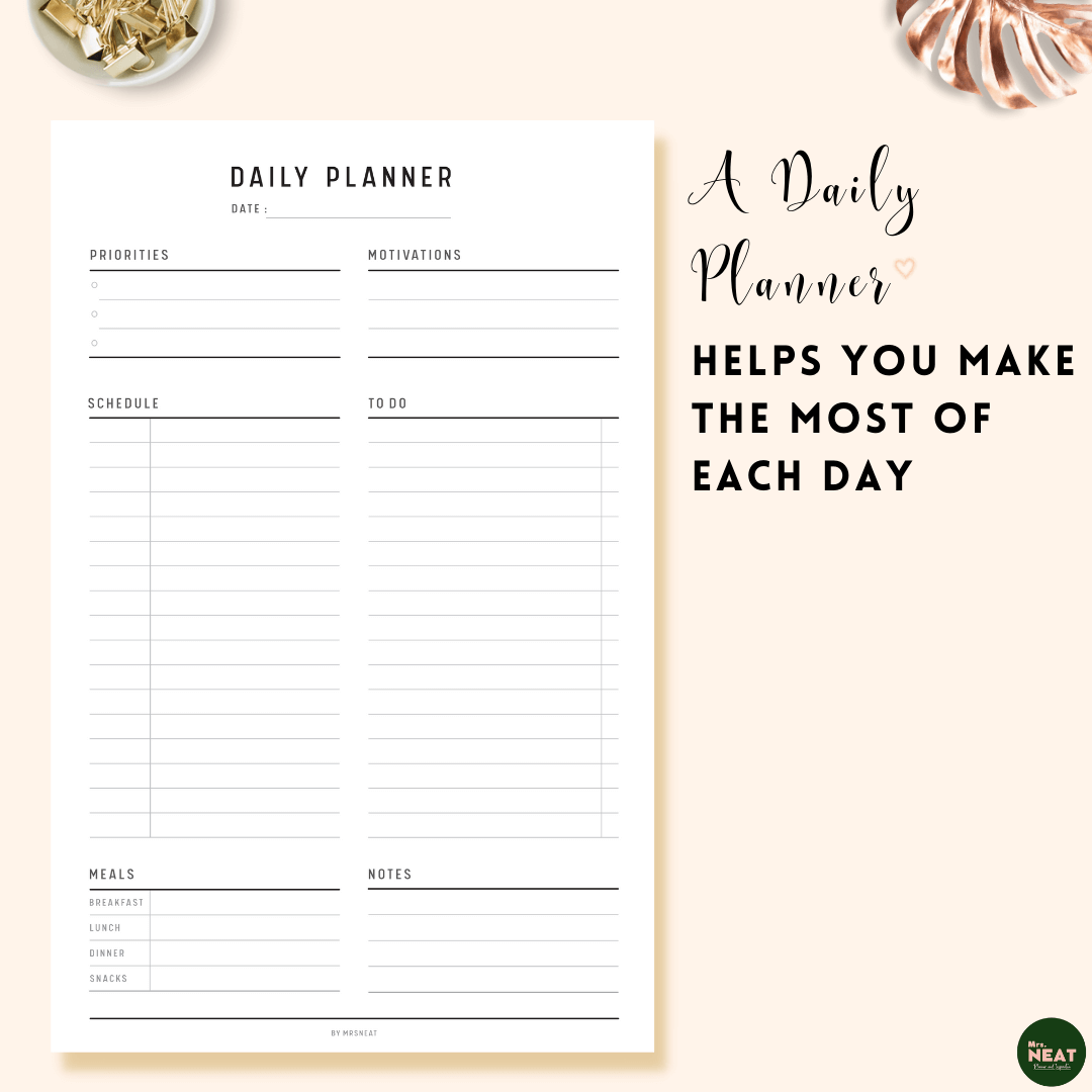 Minimalist Daily Planner with room for Notes and Daily Meal Planner