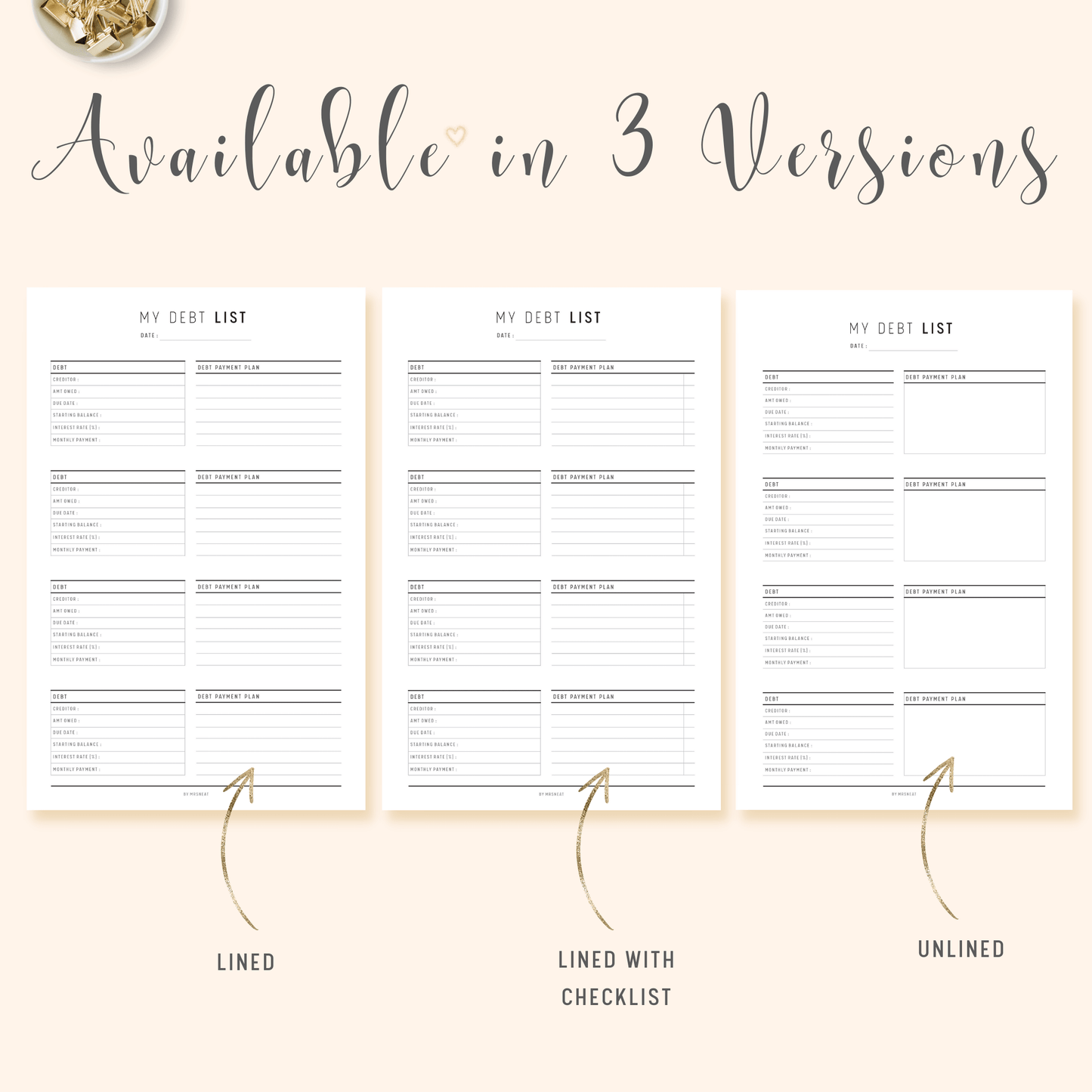 3 versions Debt Payoff Planner with Lined, Unlined and Checklist Box