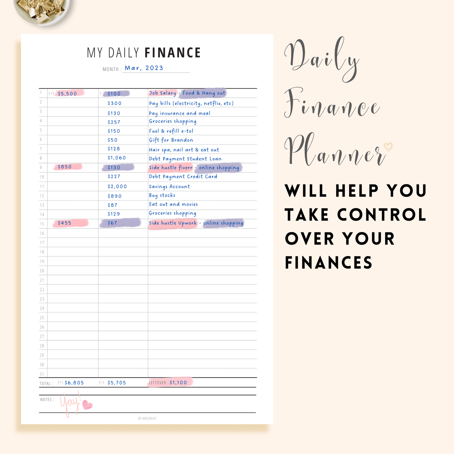 My Daily Finance Tracker Planner Printable