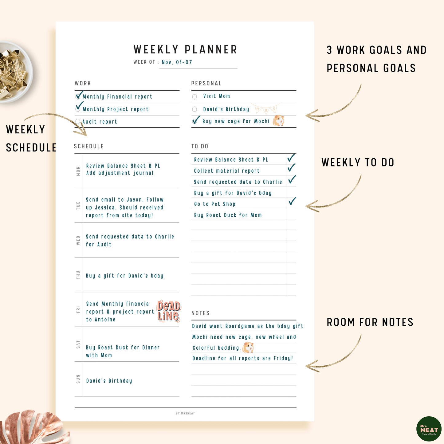 Clean Weekly Planner with Work and Personal Goals and room for weekly schedule, to do and notes