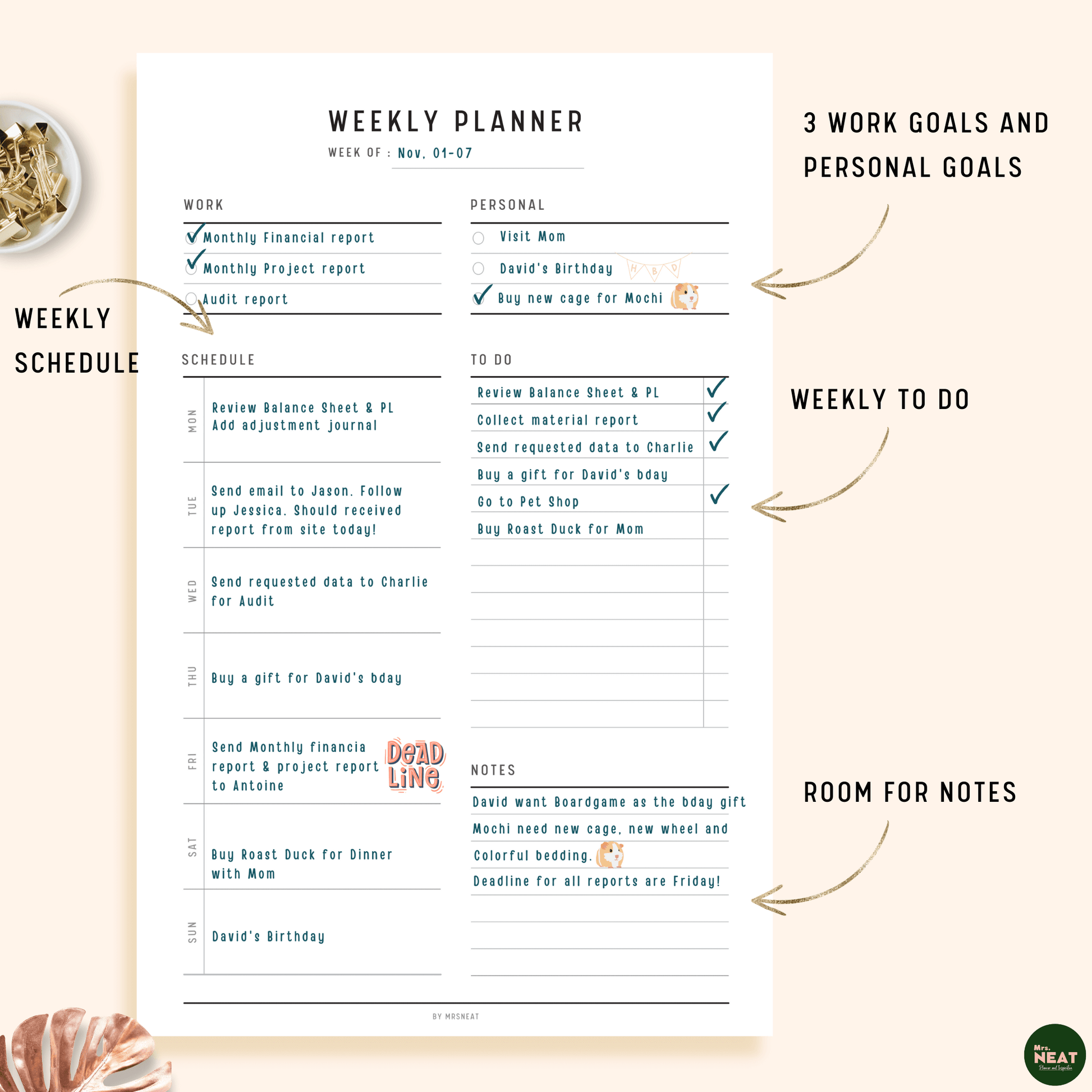 Clean Weekly Planner with Work and Personal Goals and room for weekly schedule, to do and notes