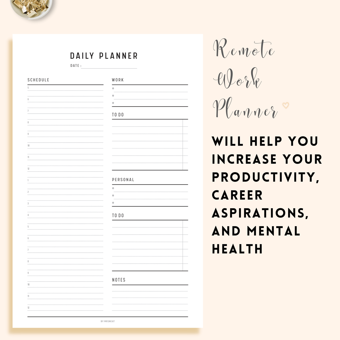 Work from Home Daily Planner with room for notes and To Do List