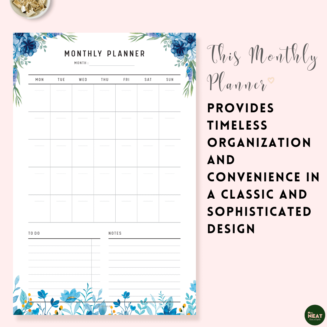 Blue Floral Monthly Planner Printable with Monday Start