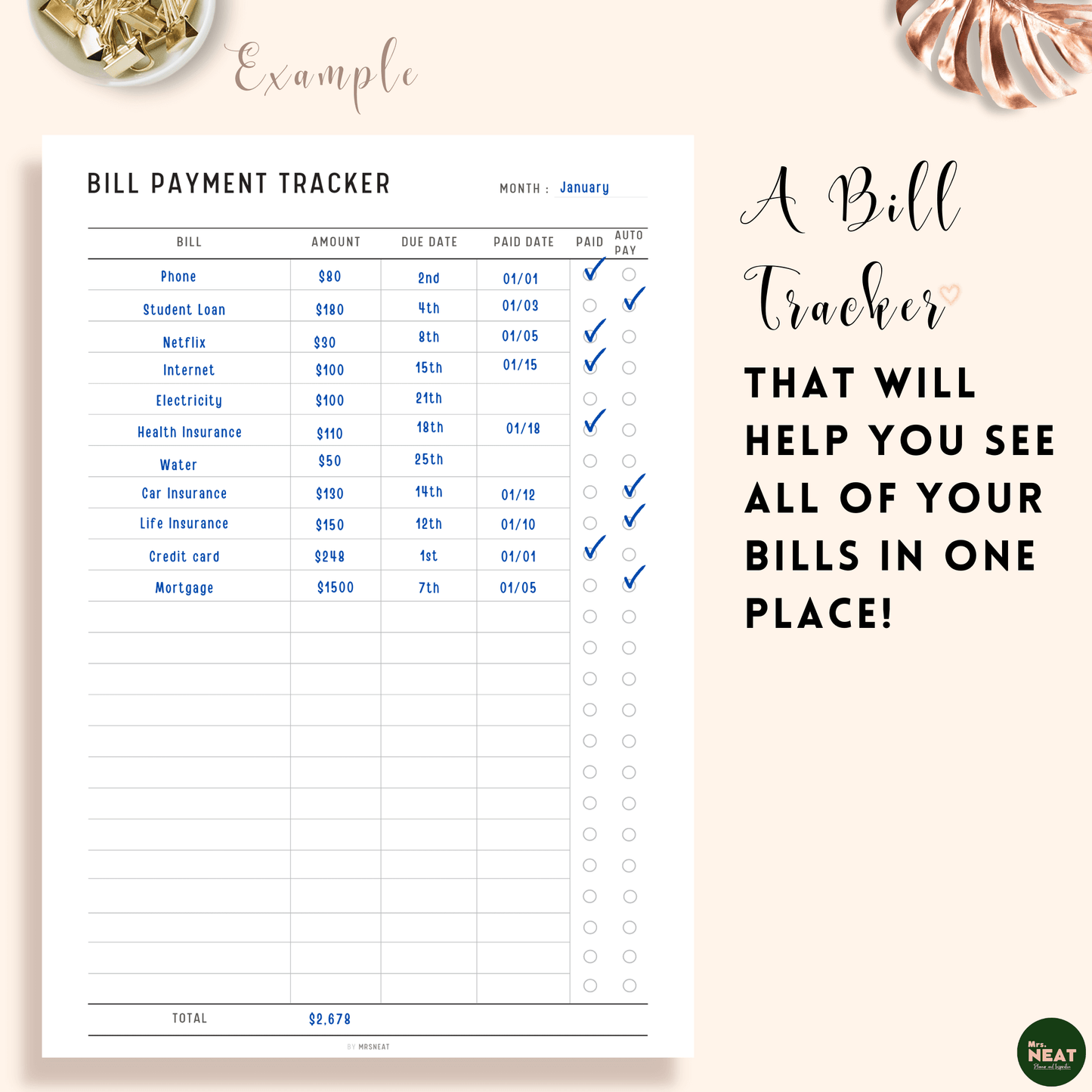 Minimalist Bill Payment Tracker with list of bills and detail expense information on the planner