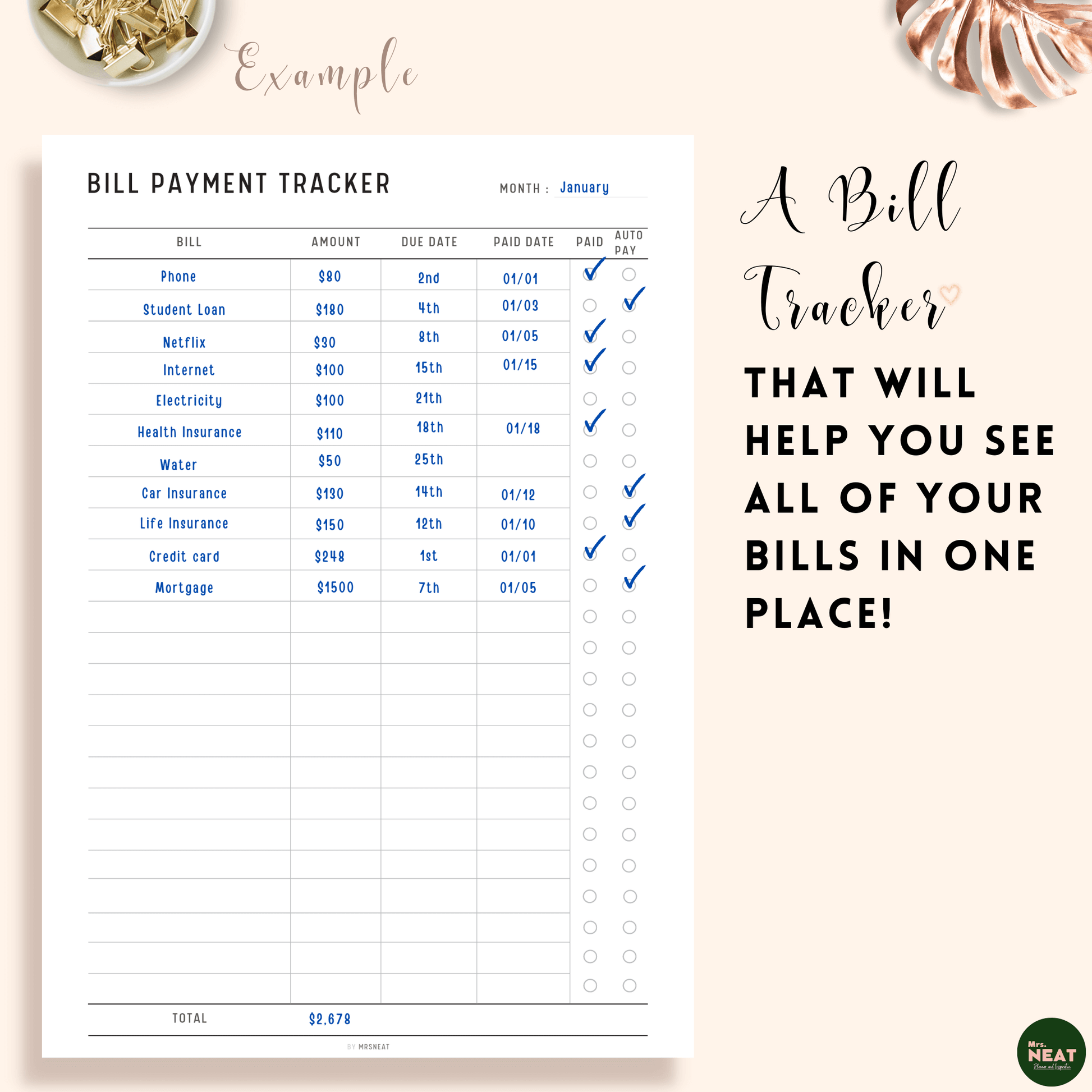 Minimalist Bill Payment Tracker with list of bills and detail expense information on the planner