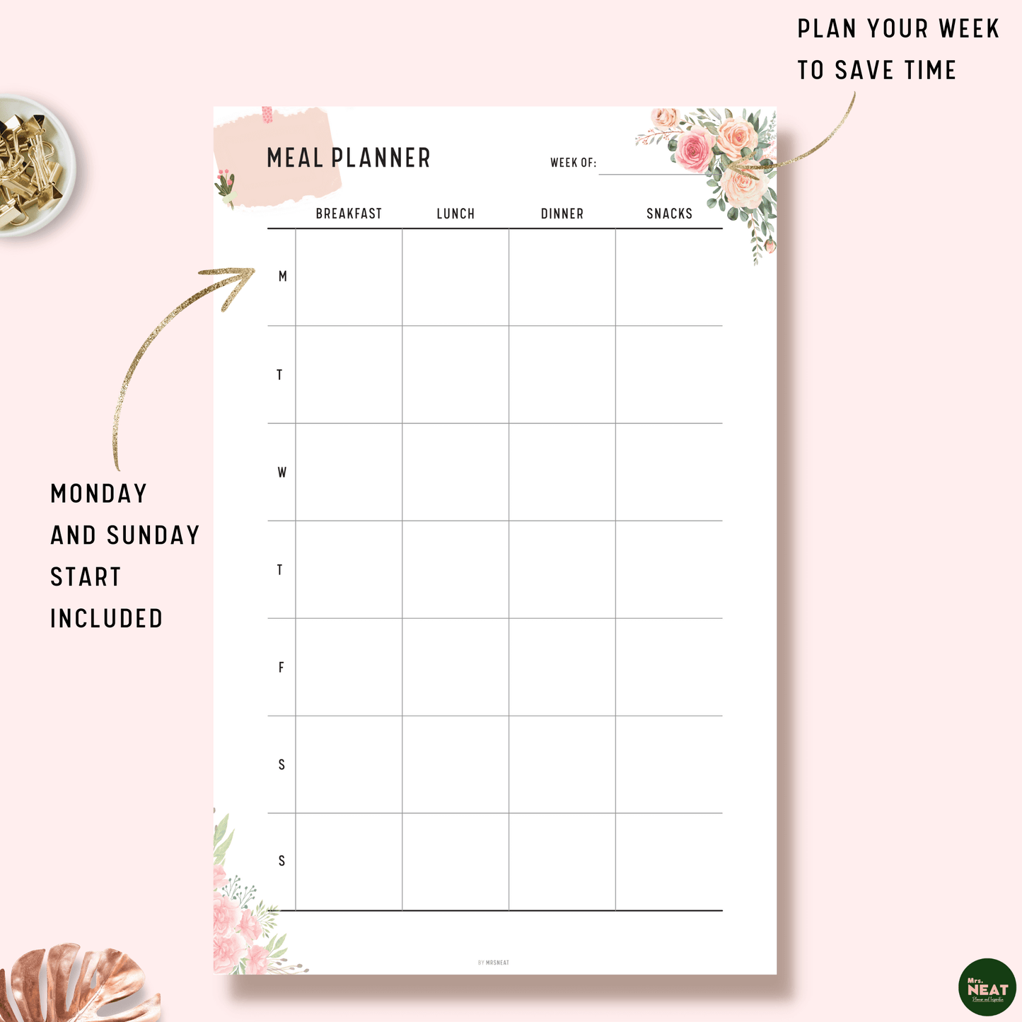 Floral Weekly Meal Planner with room for Breakfast, Lunch, Dinner and Snacks with Sunday Monday Start