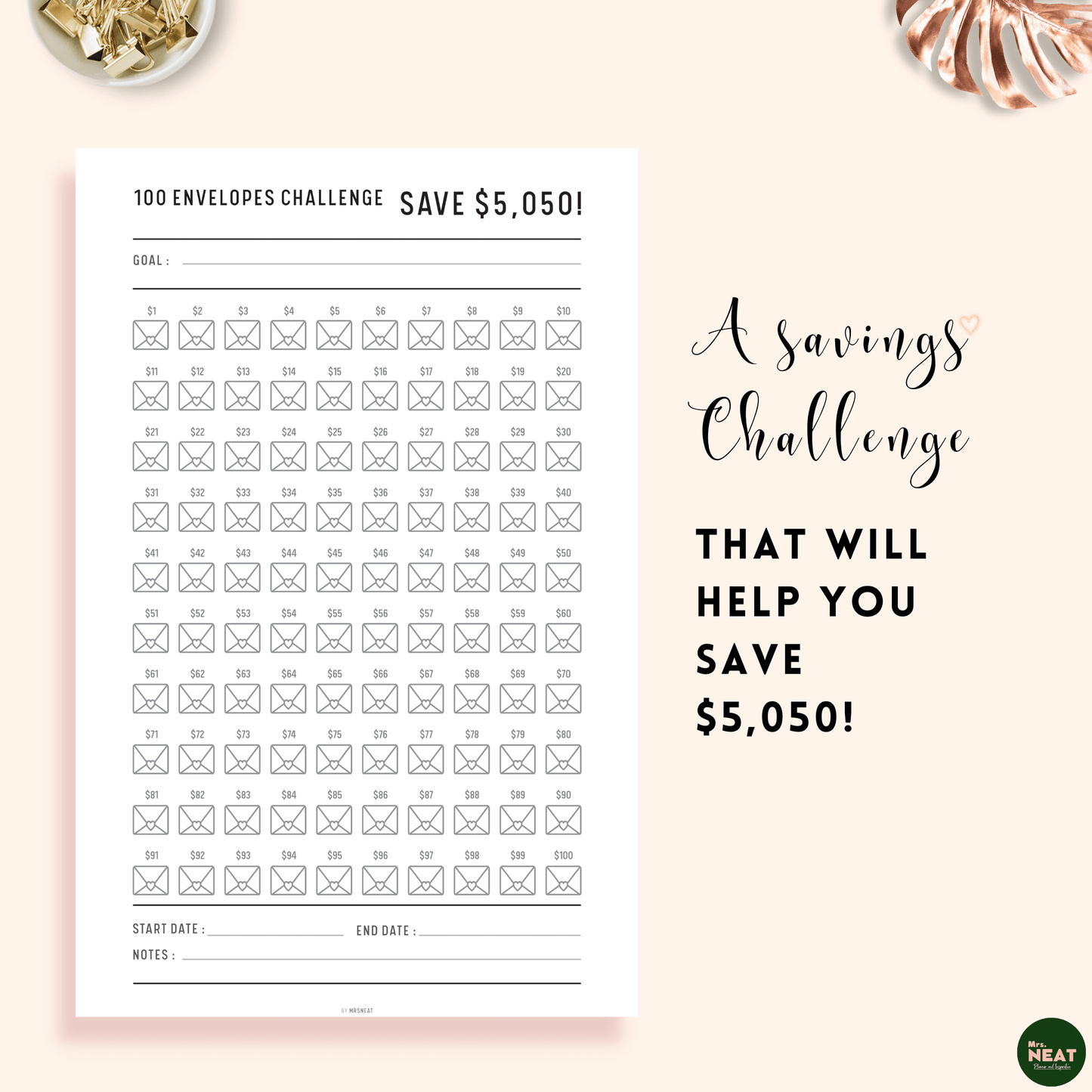 Minimalist and Clean Money Saving Challenge in 100 Envelope to save $5050