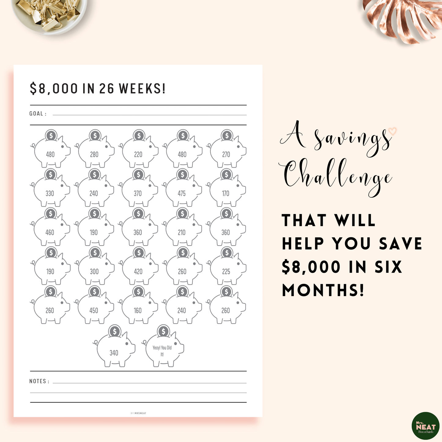 26 Piggy Bank on $8000 Money Saving Challenge Planner in Six Months
