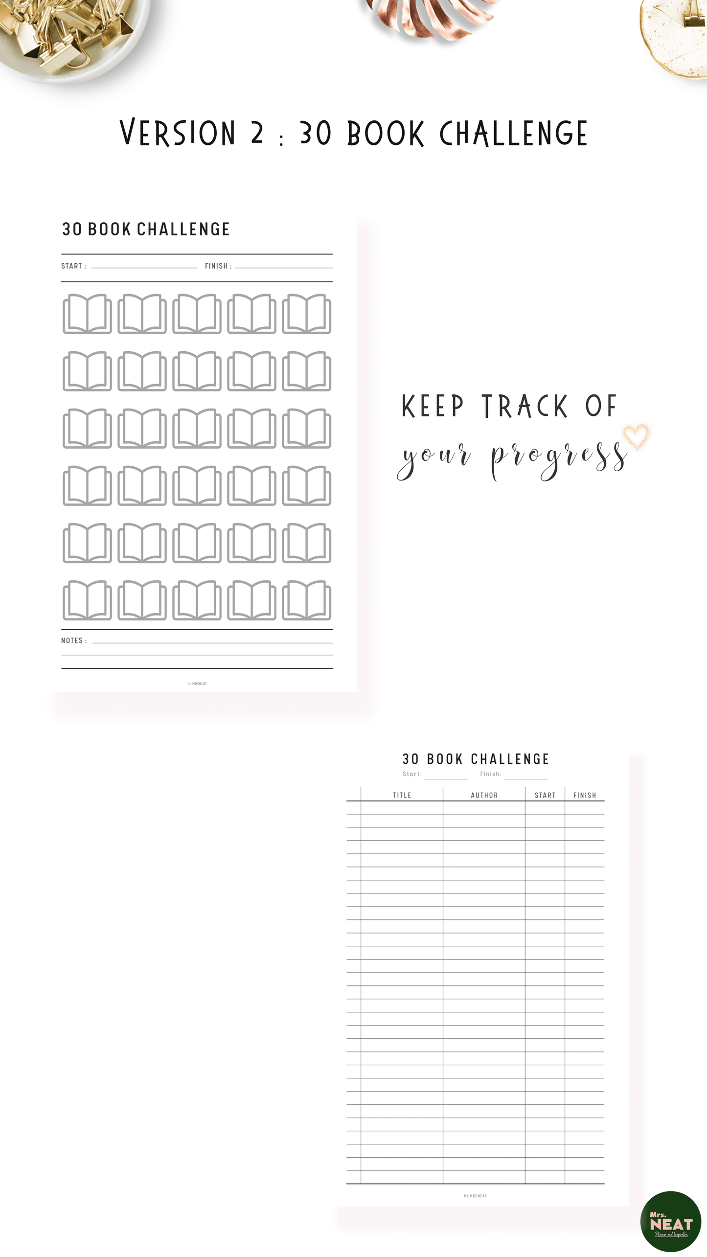 Beautiful and clean 30 Book Challenge Printable with list of the books
