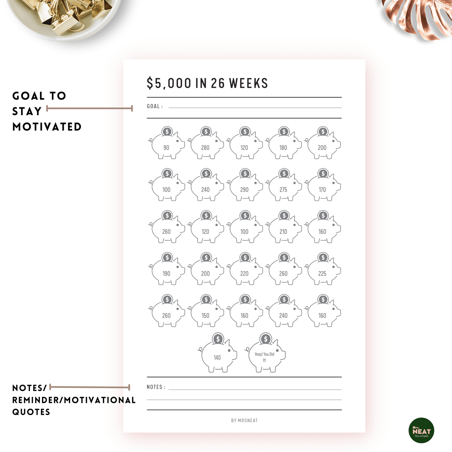 Money Saving Challenge Planner to save $5000 in 26 Weeks with room for goal and notes