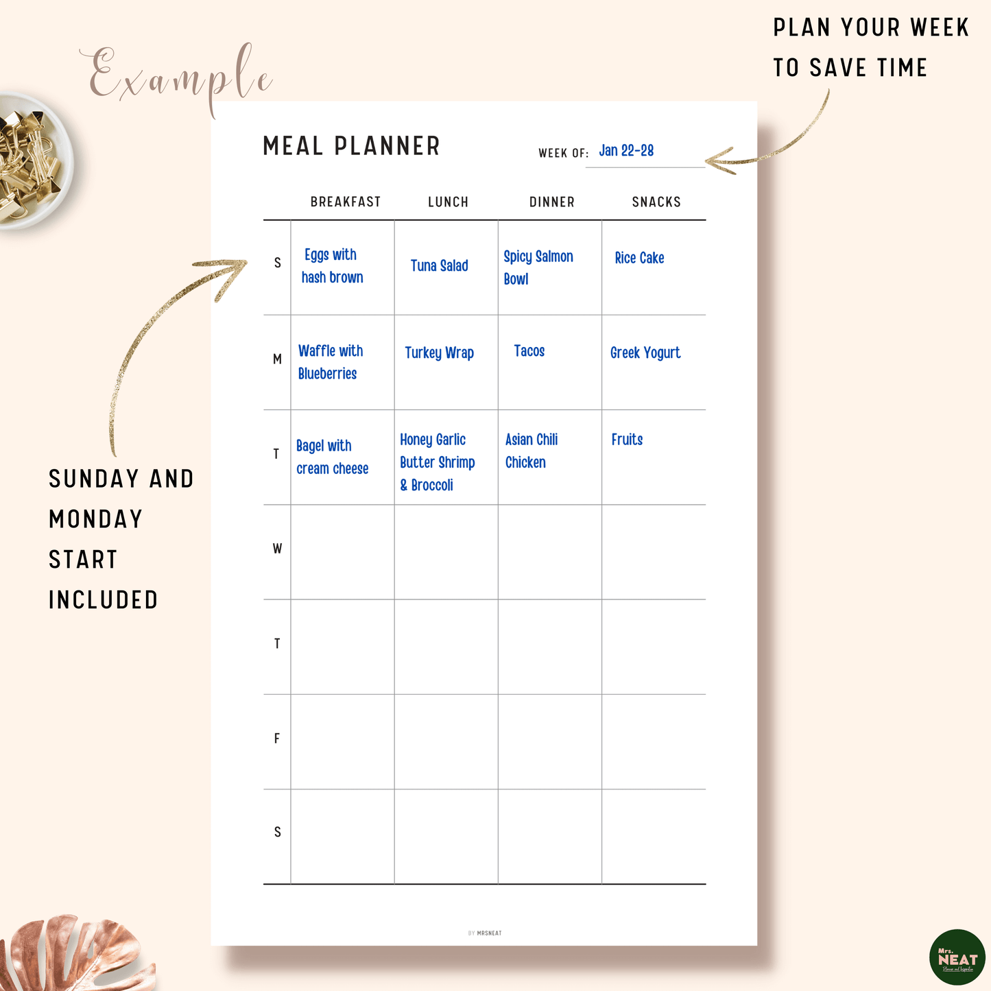 Clean Weekly Meal Planner with room for 7 days of Breakfast, Lunch, Dinner and Snack