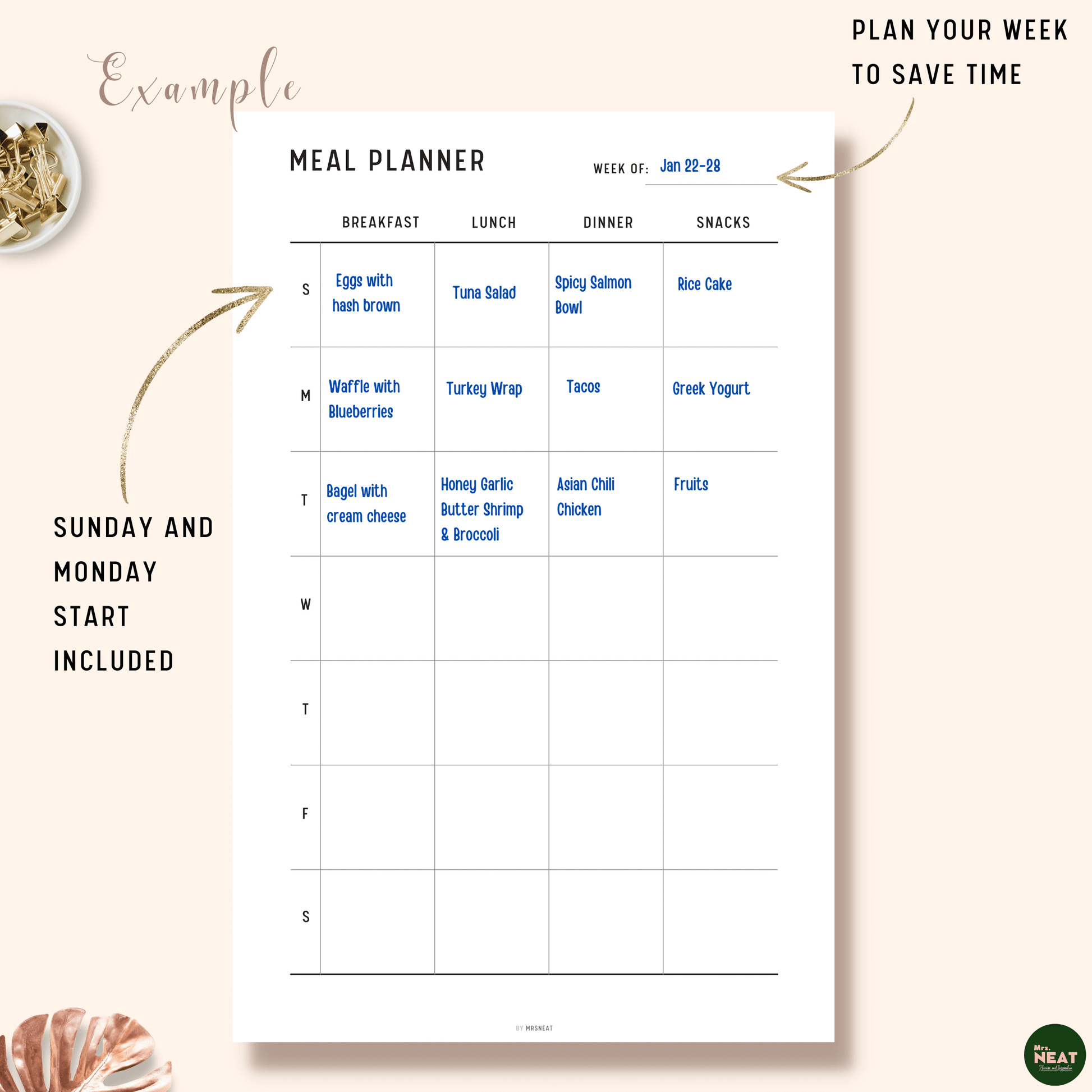 Clean Weekly Meal Planner with room for 7 days of Breakfast, Lunch, Dinner and Snack