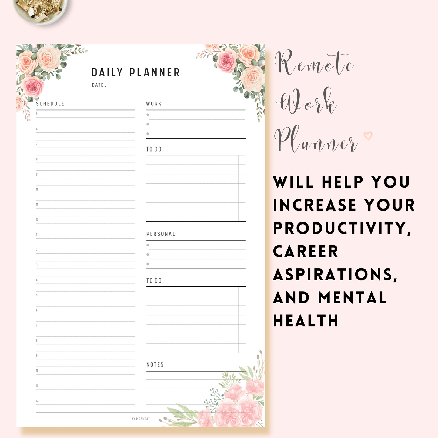 Floral Work from Home Planner Printable with room for To Do list and notes