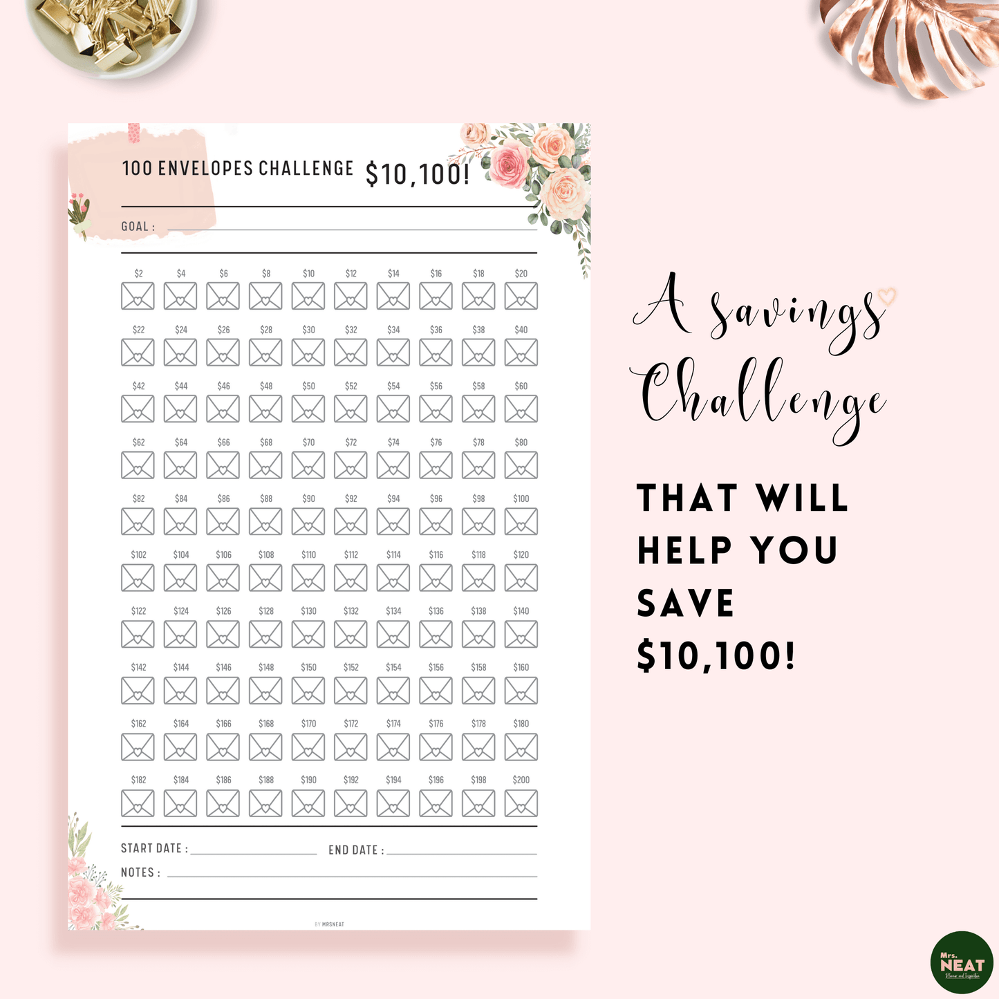 $Floral 100 Envelope Challenge Planner is a saving tracker that will help you save $10100