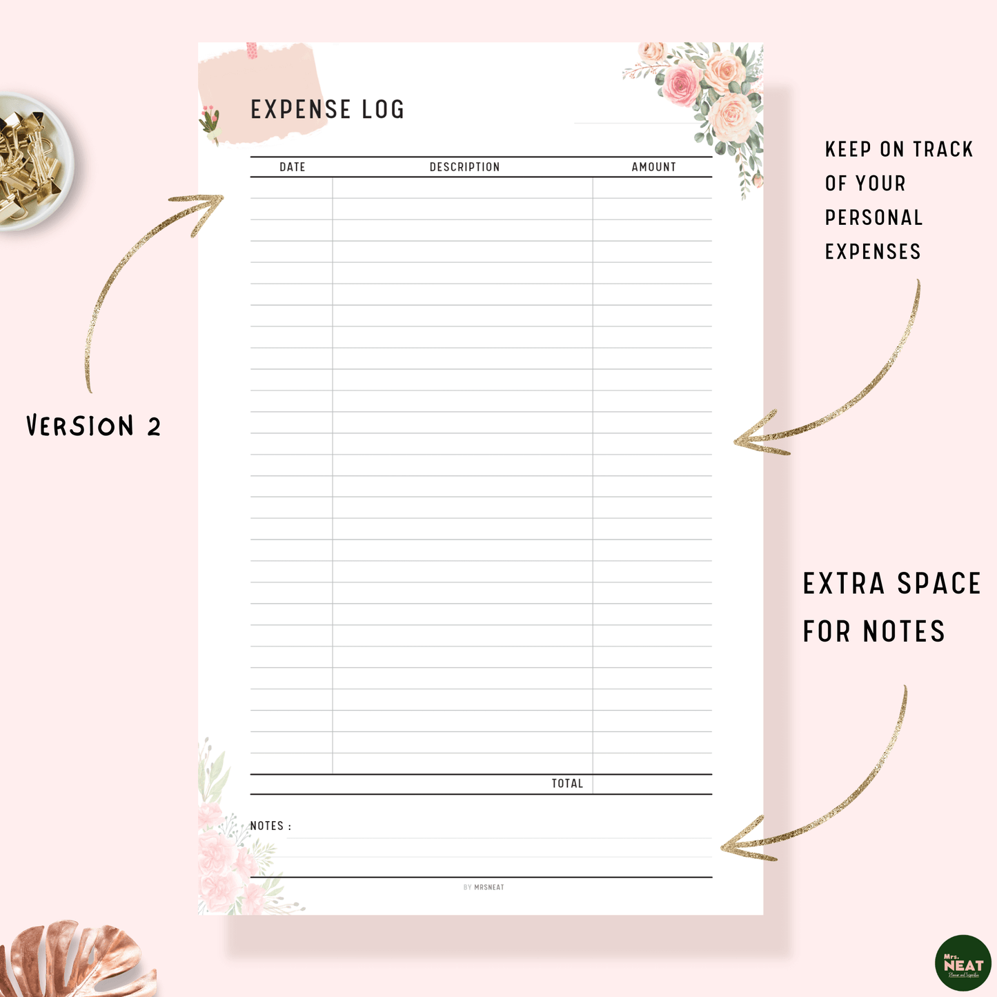 Floral Expense Log Tracker Printable Planner with room for date, description, amount and notes
