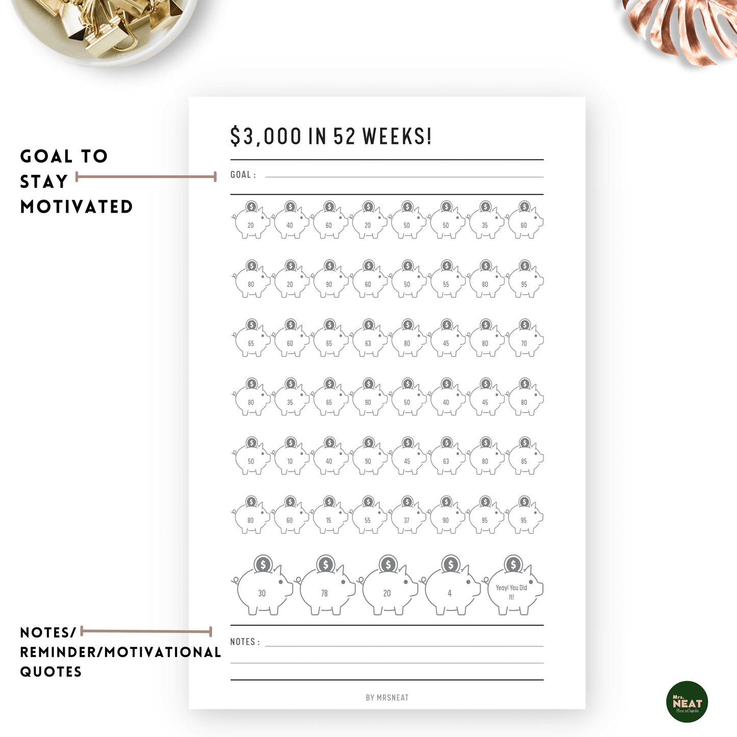 Cute Piggy bank $3000 money saving challenge with room for goal, notes, reminder and motivational quotes