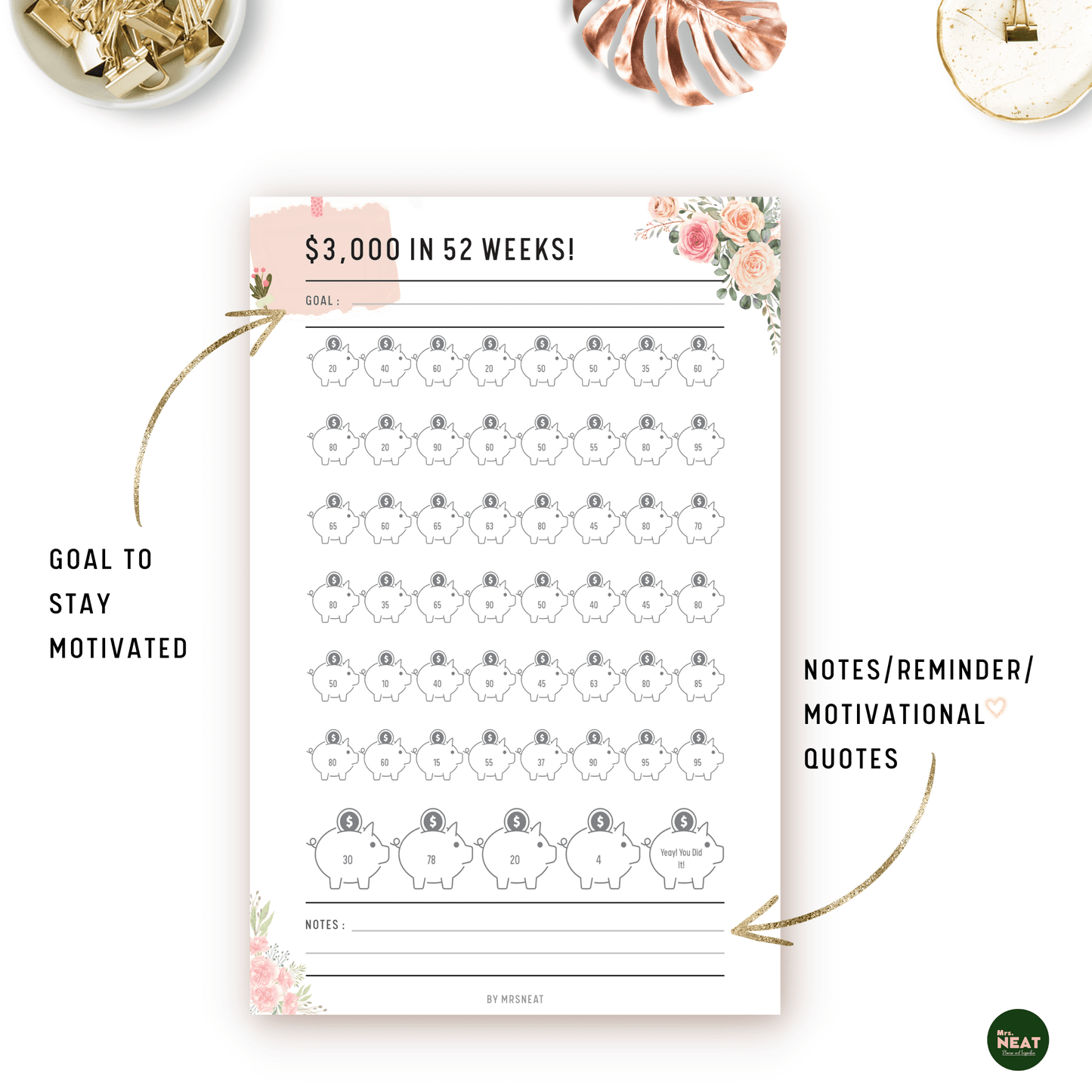 Beautiful Pink Floral Piggy bank $3000 money saving challenge with room for goal, notes, reminder and motivational quotes