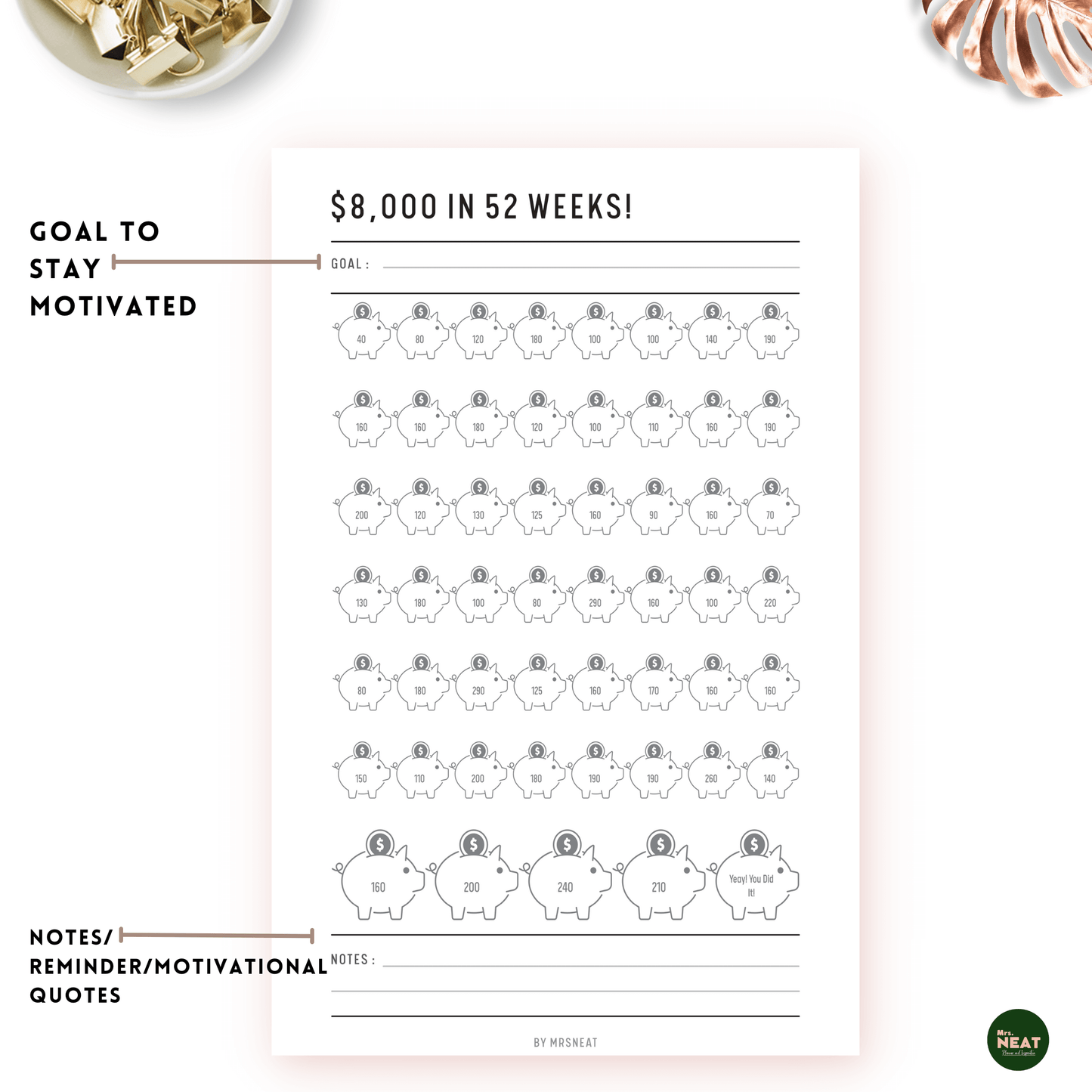 Money Saving Challenge Planner to save $8000 in 52 weeks with room for goal and notes