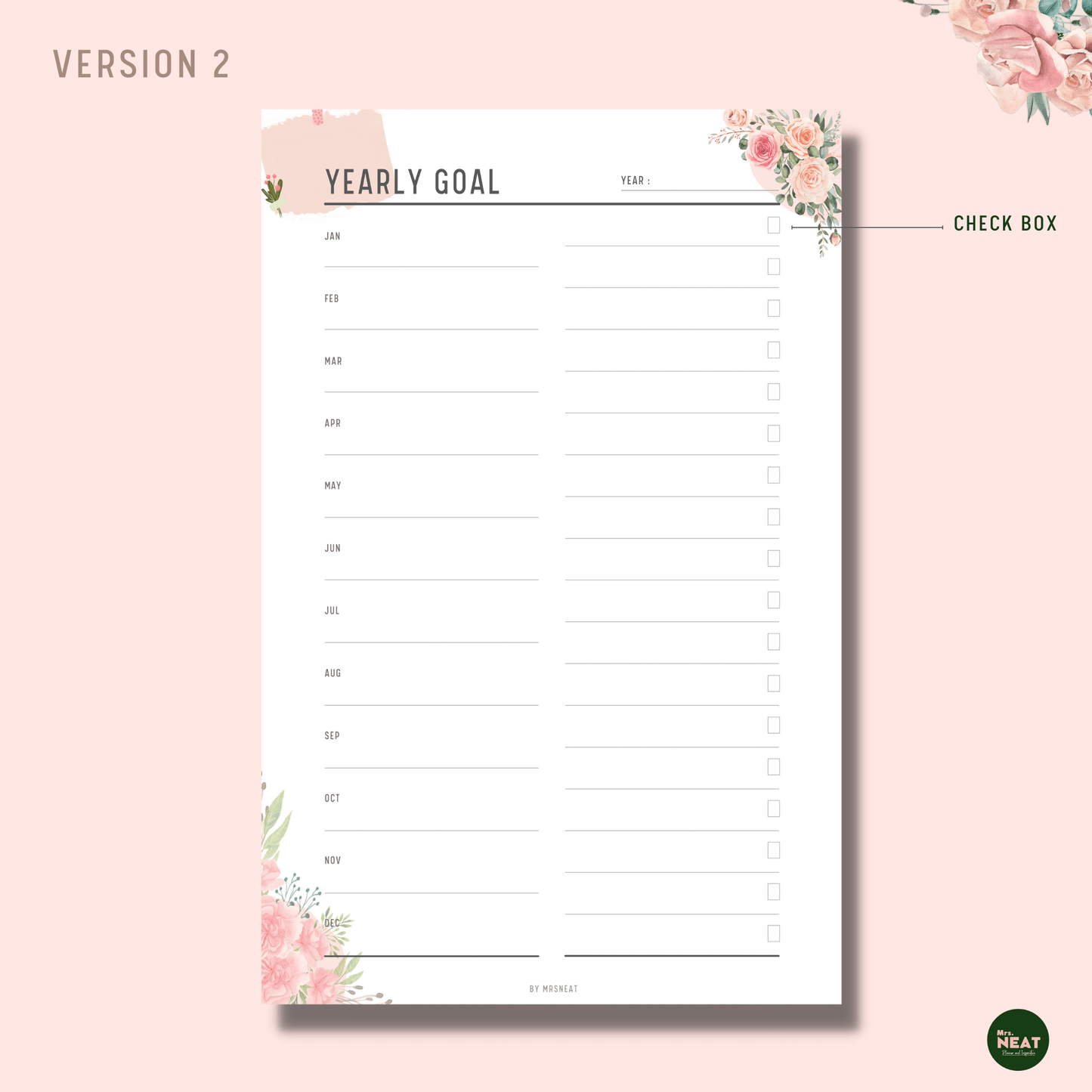 Floral New Year Goal Planner with 12 Months and Checklist Box