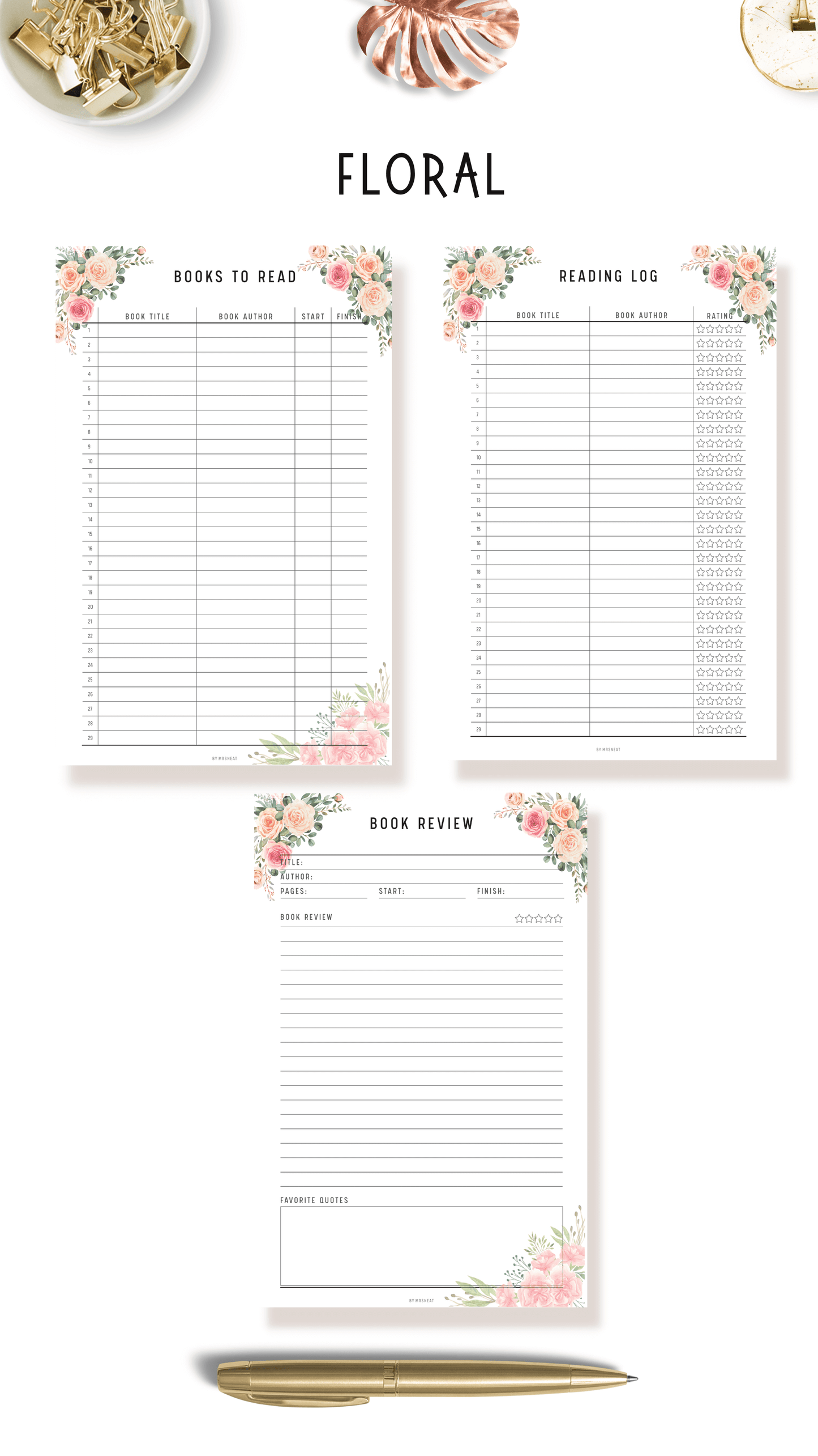 Beautiful Floral Reading Log, Book Review, and Books to Read