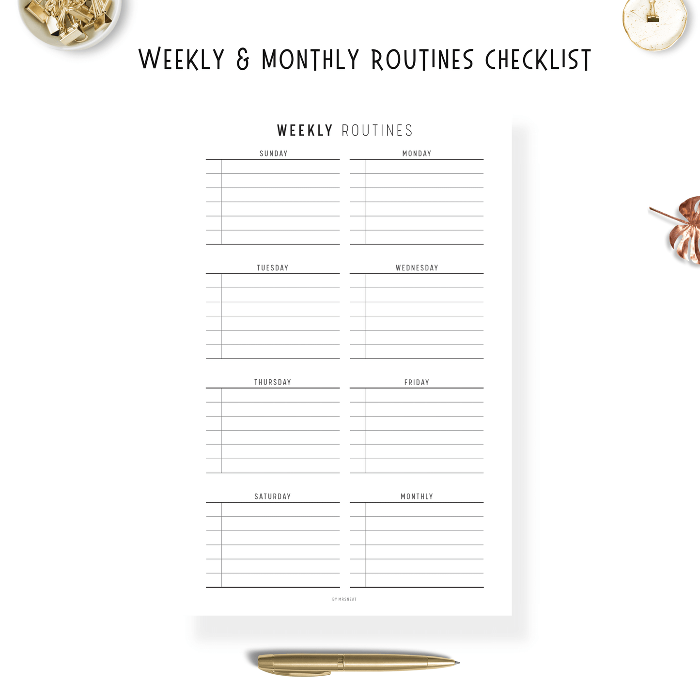Weekly and Monthly Routines Checklist with room for 7 days and Monthly