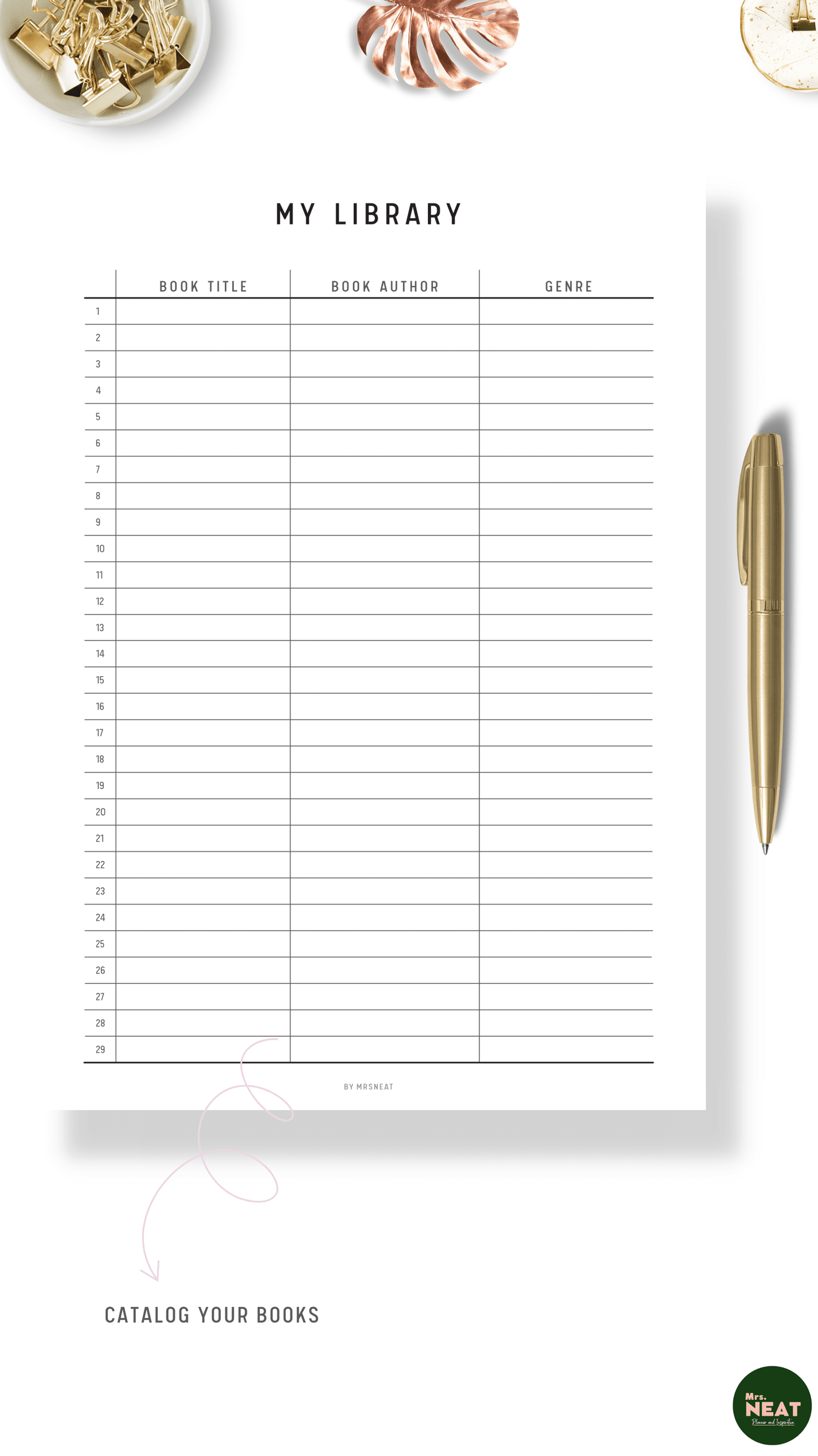 Books Library Tracker in Clean and Minimalist design with room for Book Title, Book Author and Genre
