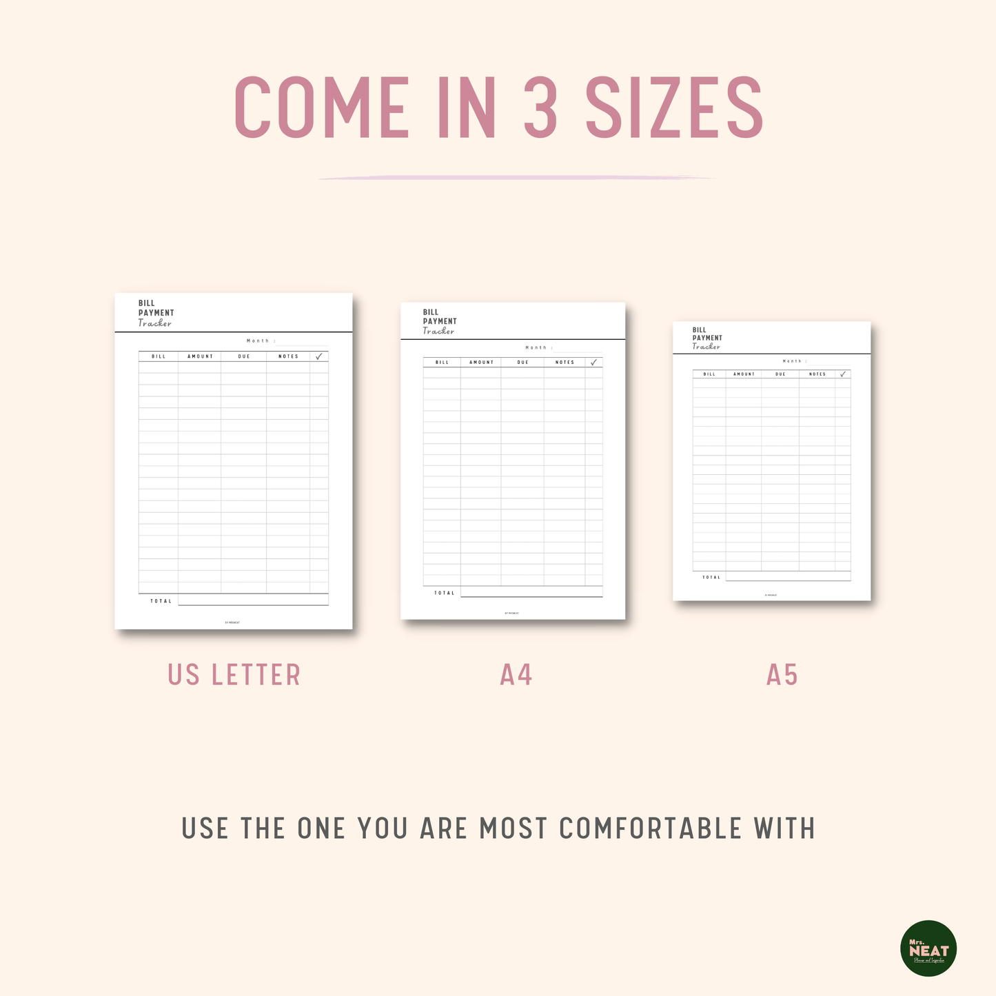 Cute and Clean Bill Payment Tracker in Letter size, A4 & A5 size