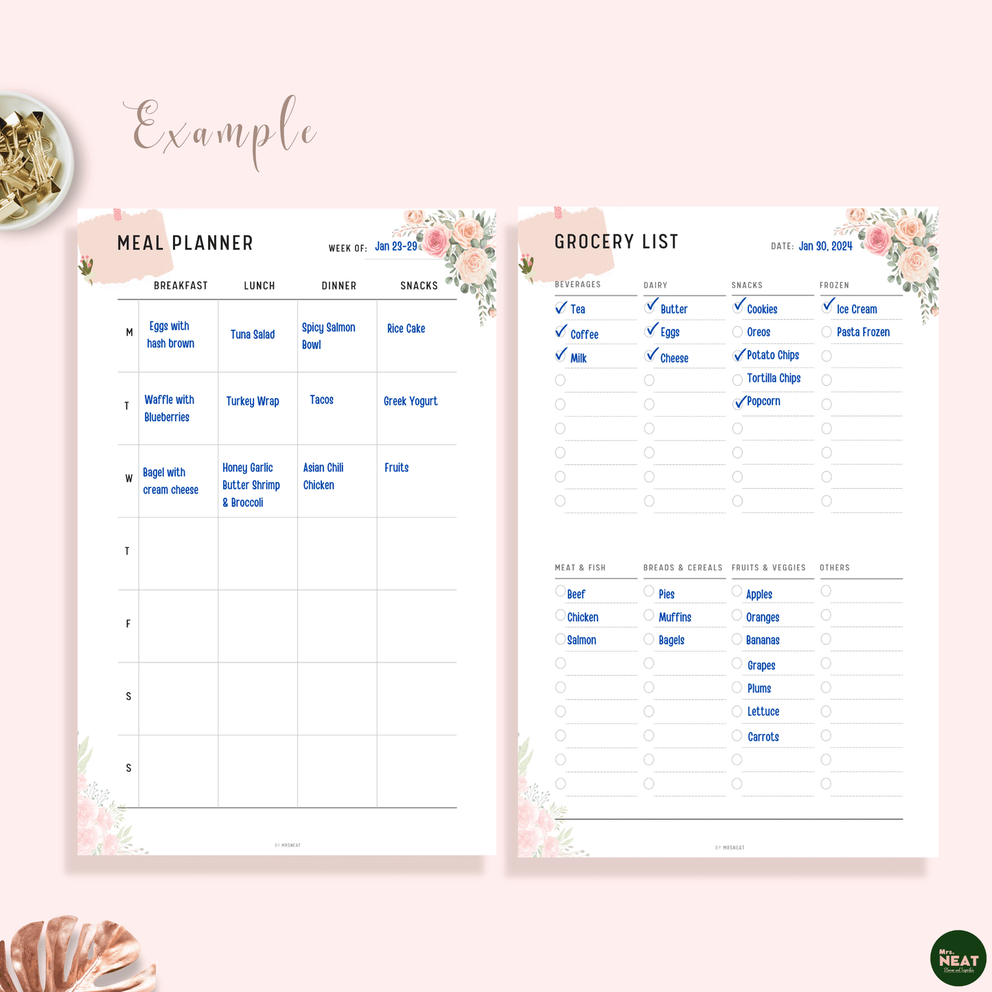 Floral Weekly Meal Planner and Grocery Shopping List with information detail