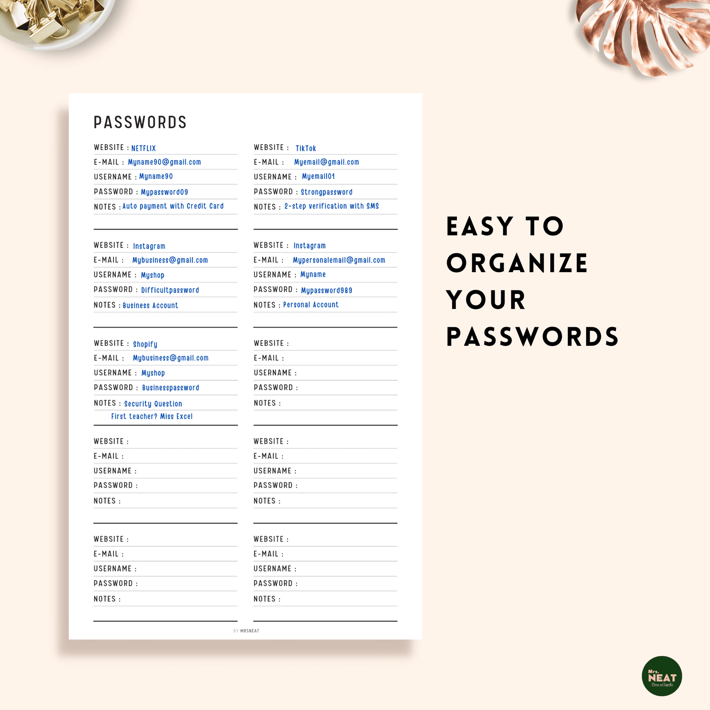 Minimalist Password Tracker Planner with Detail Contact Information and notes