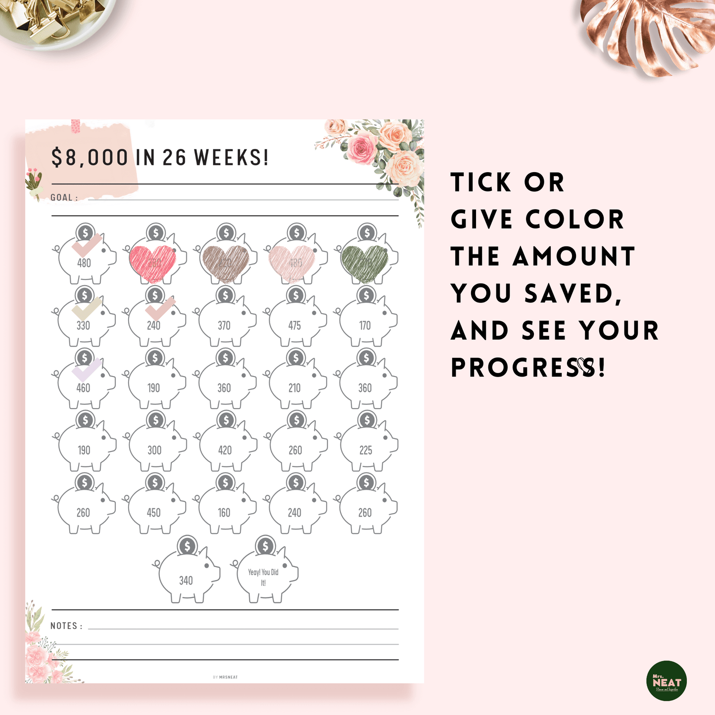 Colorful Piggy Bank on Beautiful Pink Floral $8000 Money Saving Challenge Planner in 26 Weeks