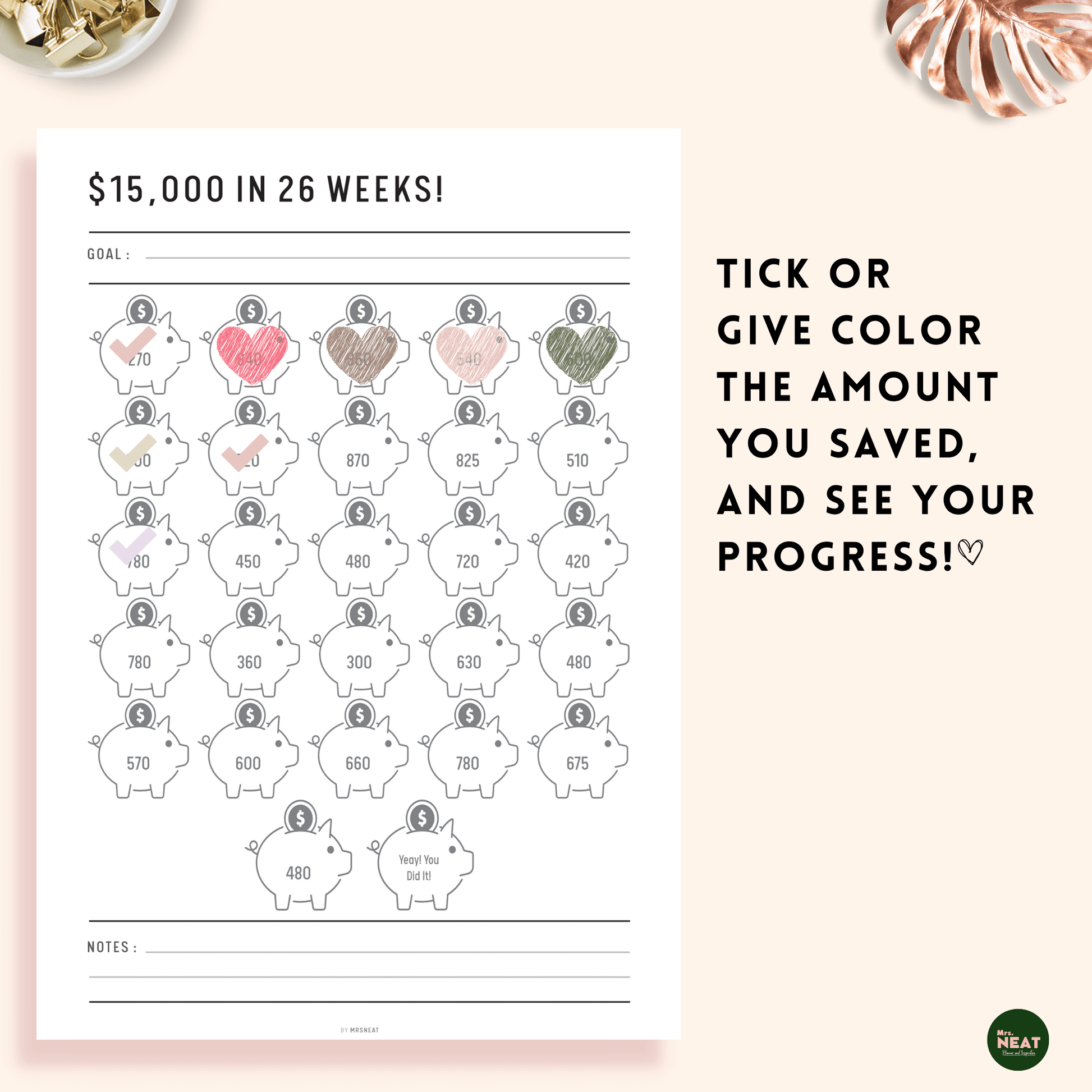 Tick up the amount you saved on this cute piggy bank saving challenge and see your saving progress