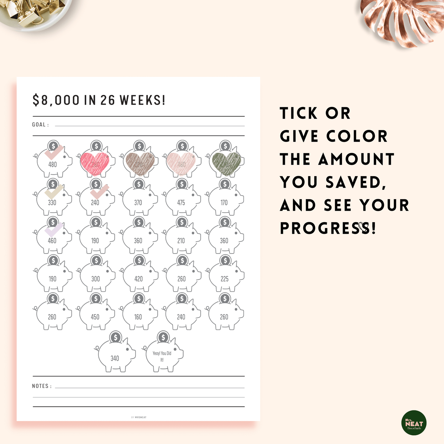 Colorful Piggy Bank on Clean $8000 Money Saving Challenge Planner in 26 Weeks