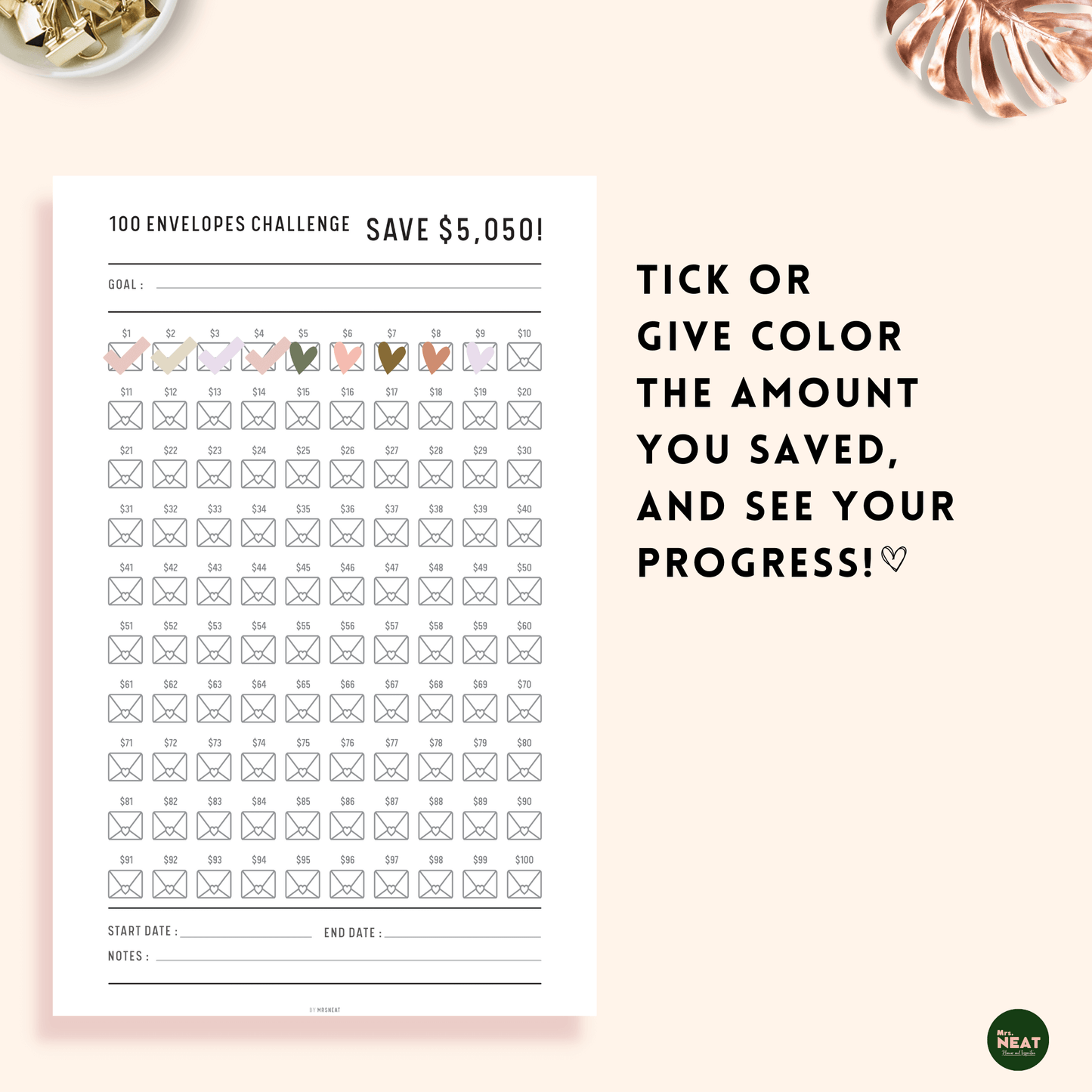 Colorful envelopes on 100 envelope money saving challenge to save $5050 Planner