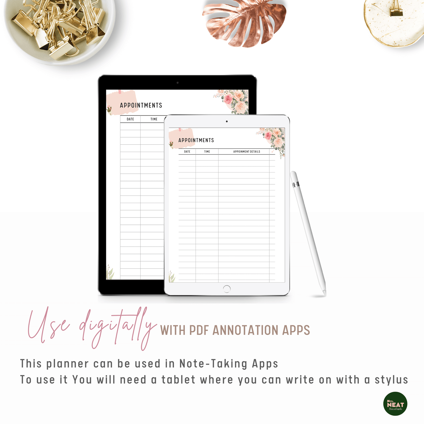 Beautiful and Cute Floral Appointment Tracker Planner use digitally on Tablet and Stylus