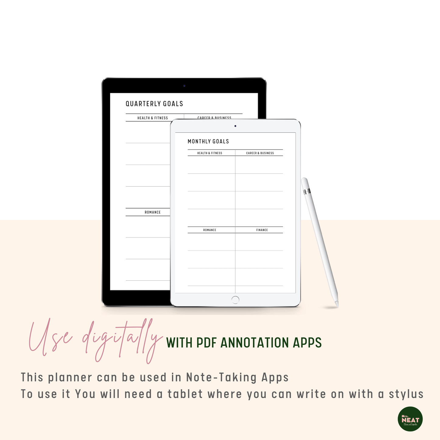 Minimalist 8 areas of life goal planner use digitally with tablet and stylus