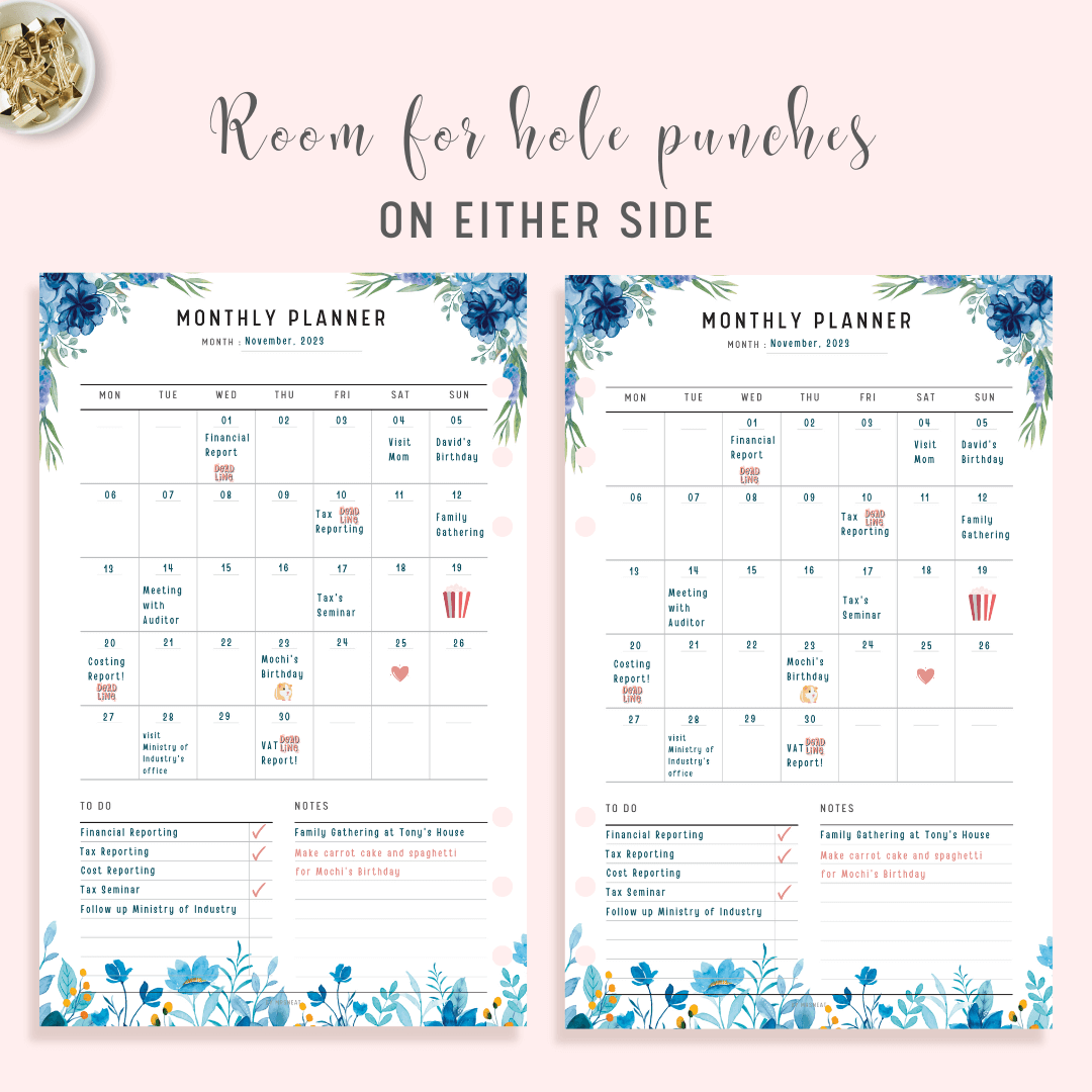 Blue Floral Monthly Planner Printable with room for hole punches on either side