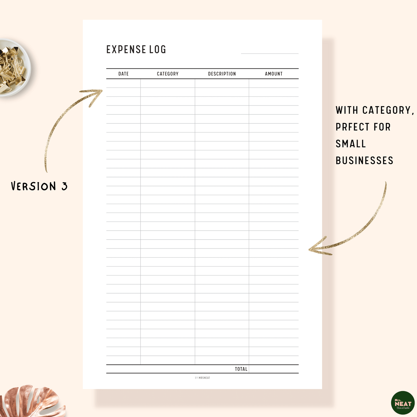 Expense Log Tracker Printable Planner with room for category, date, description and amount