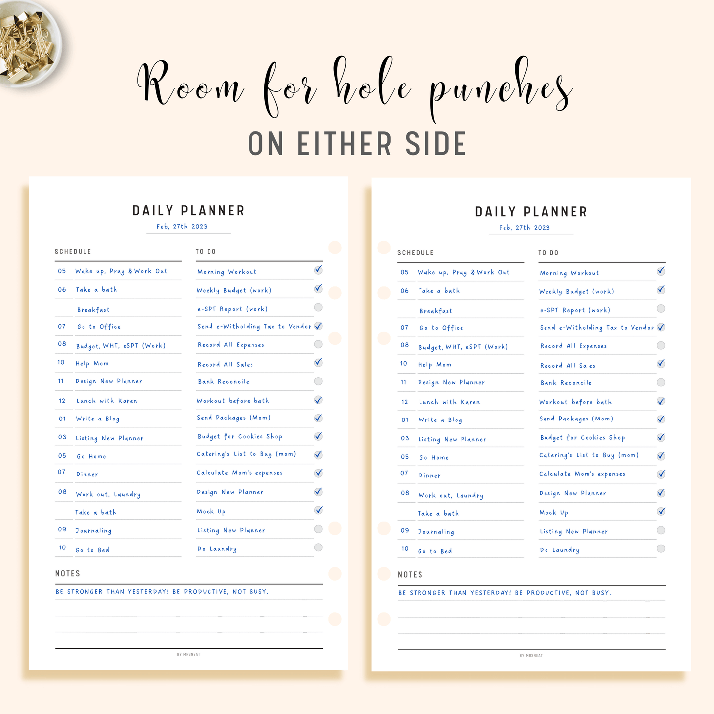 Simple and Minimal Daily Planner Printable with room for hole punches on either side