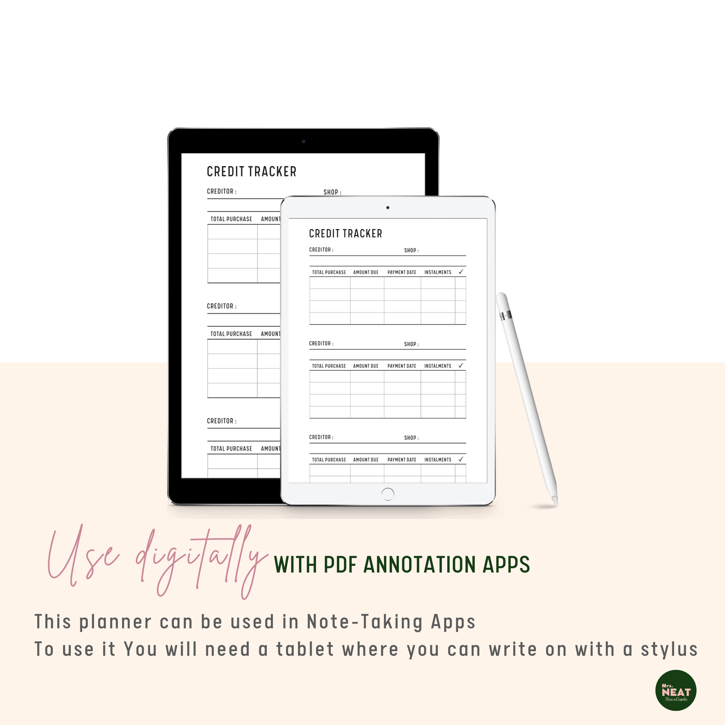 Cute and Minimalist Credit Tracker Planner use digitally on tablet with stylus