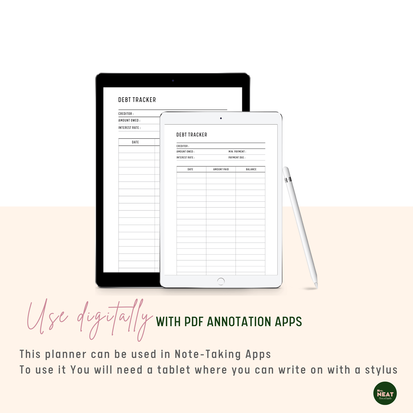 Clean and Minimalist Debt Payment Tracker use digitally with Tablet and Stylus