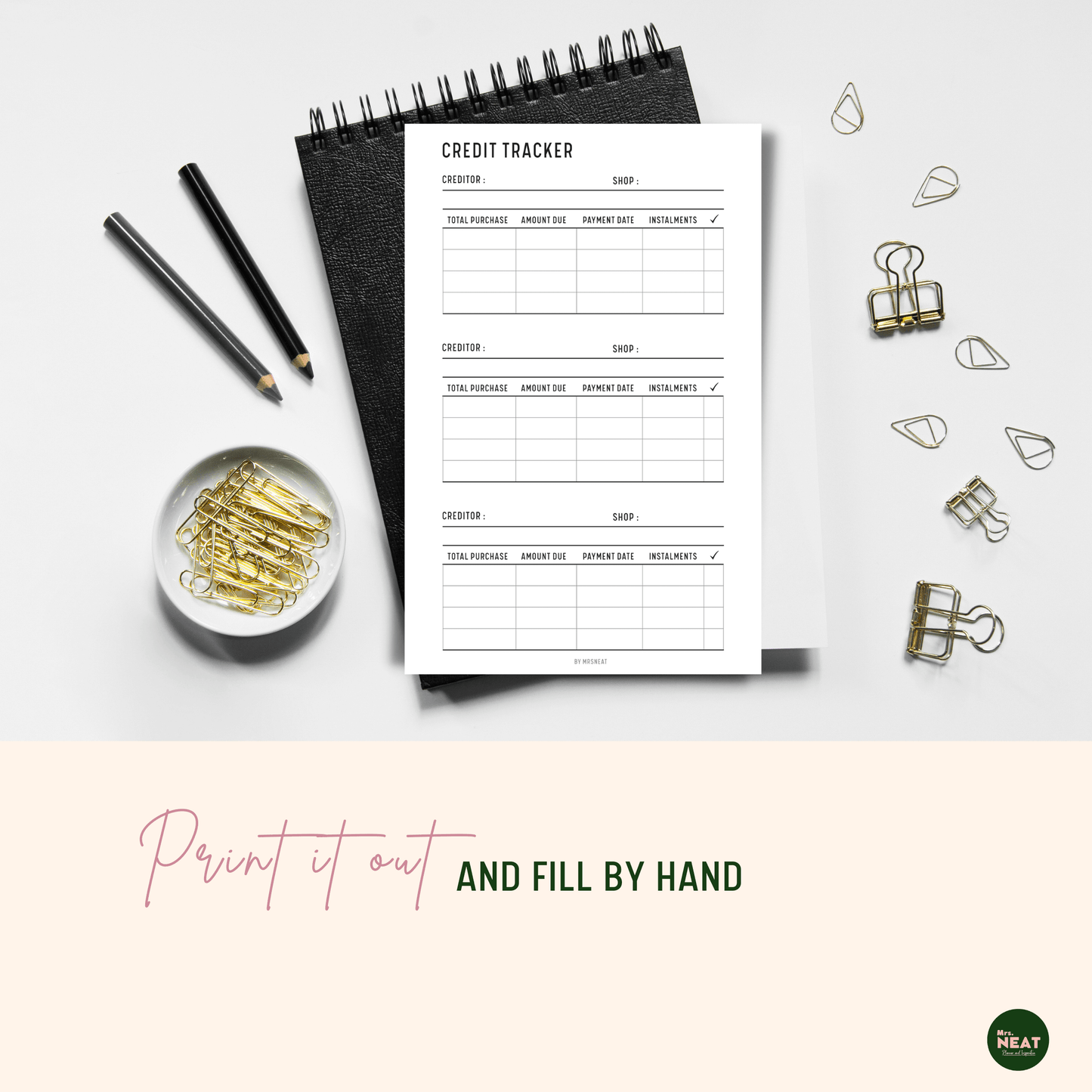 Credit Tracker Planner printed out and put on black book with 2 pencil color and cute gold stationaries