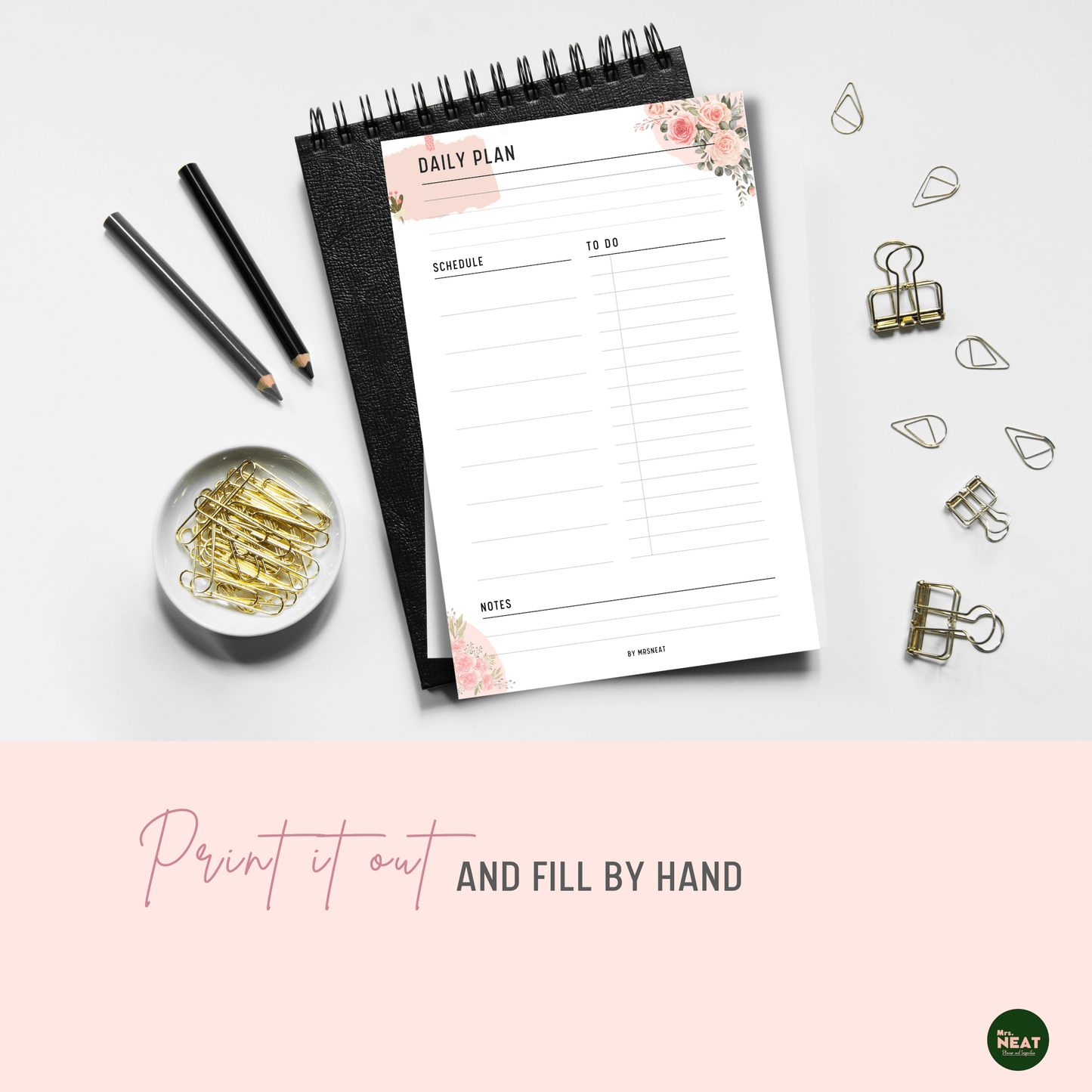 Printed out Floral Pink Daily Planner and put on black book with aesthetic stationary