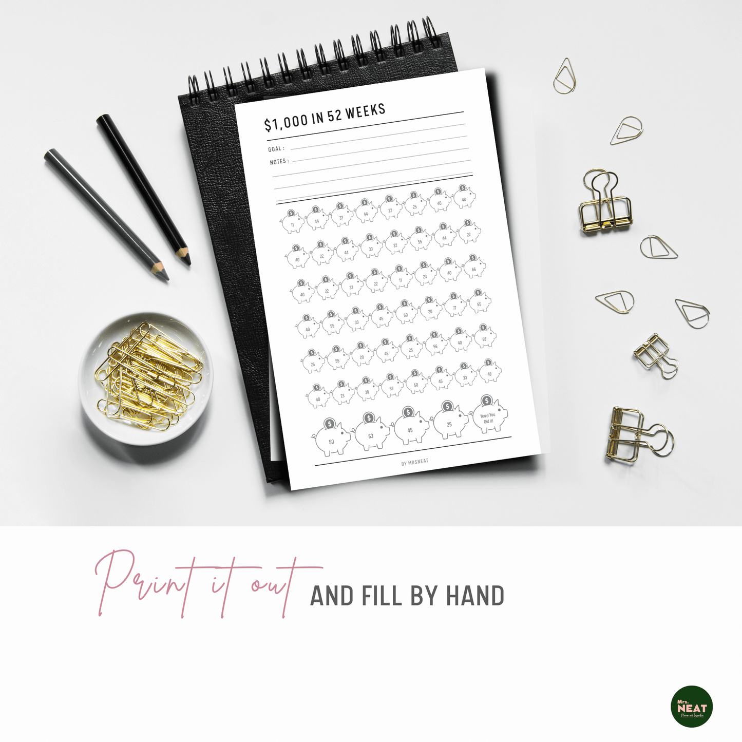 1000 Money Saving Challenge in 52 Weeks Printable can be print out and fill by hand