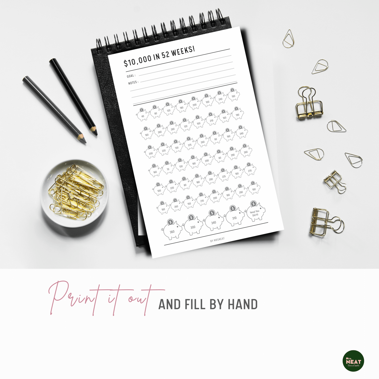10000 Money Saving Challenge in 52 Weeks Planner can be print out and fill by hand