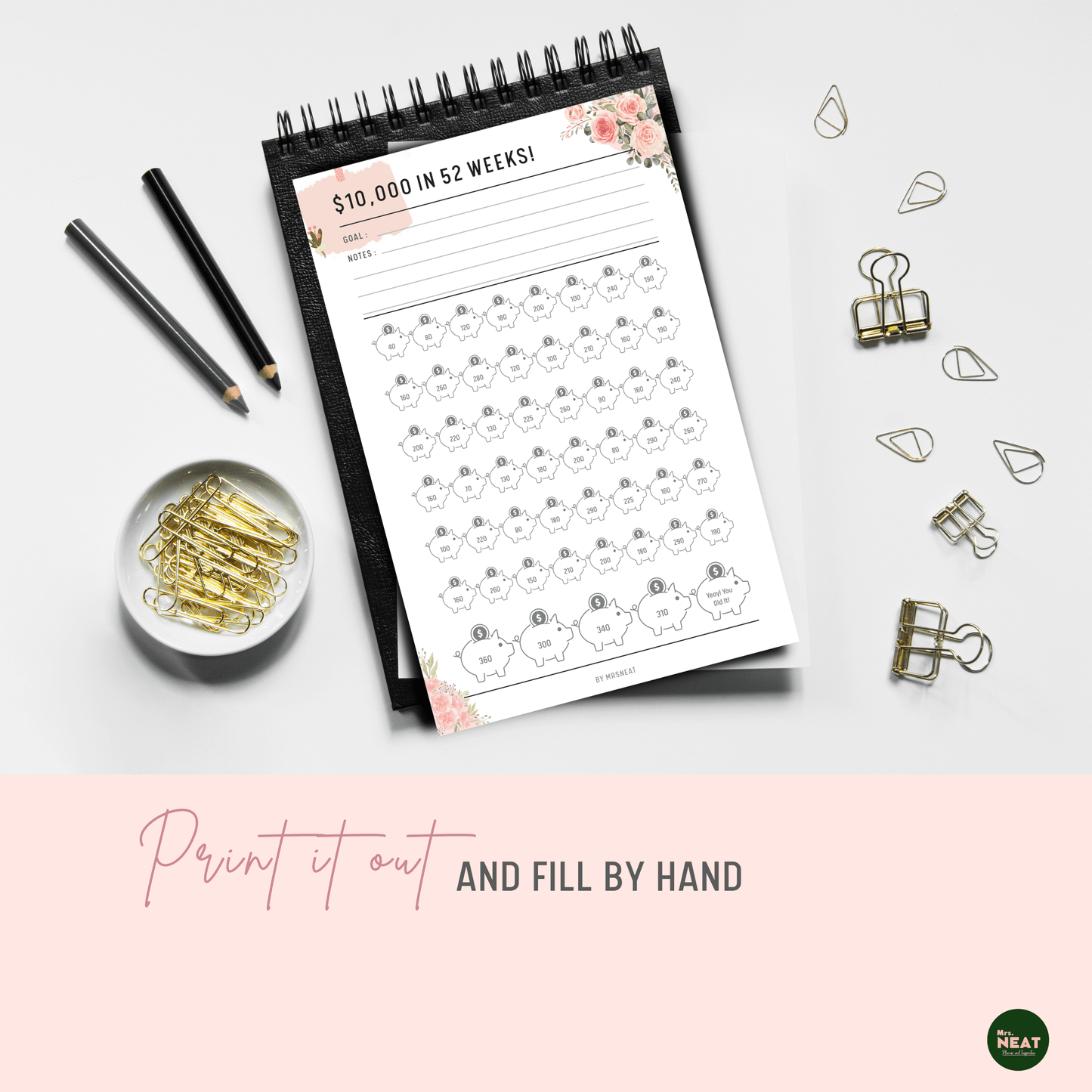 Pink Floral Money Saving Challenge Planner to save $10000 in 52 weeks printed out on paper