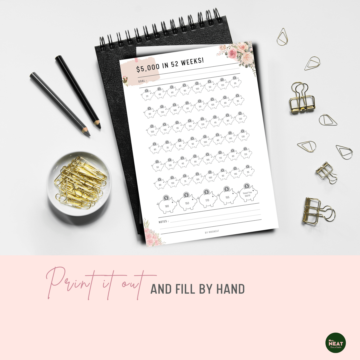 Floral $5000 Money Saving Challenge Planner in 52 Weeks printed out and put on the black book